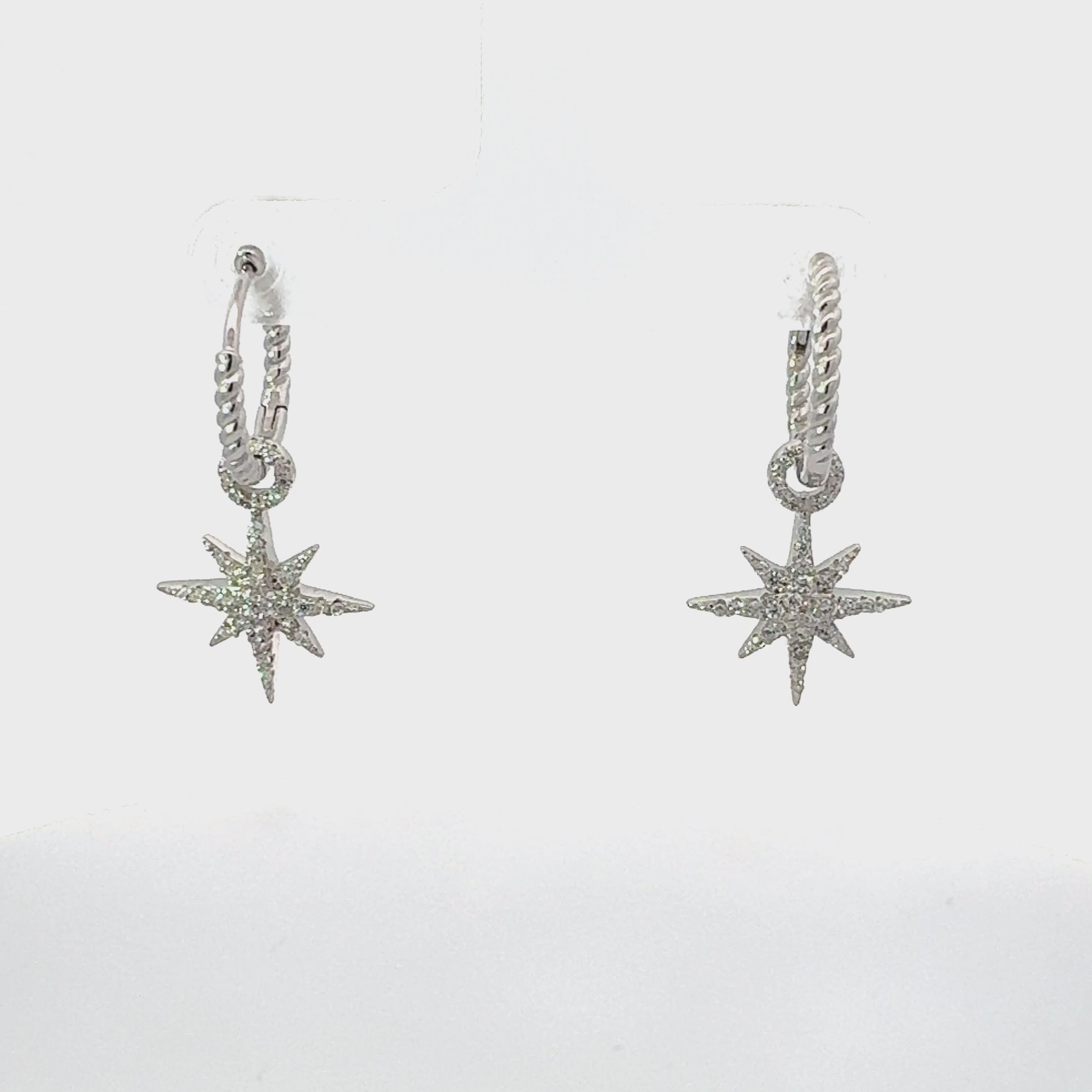 Video of Twisted Flax With Starburst Hoop Earrings Silver, showing the drop, movement and scale from multiple angles.