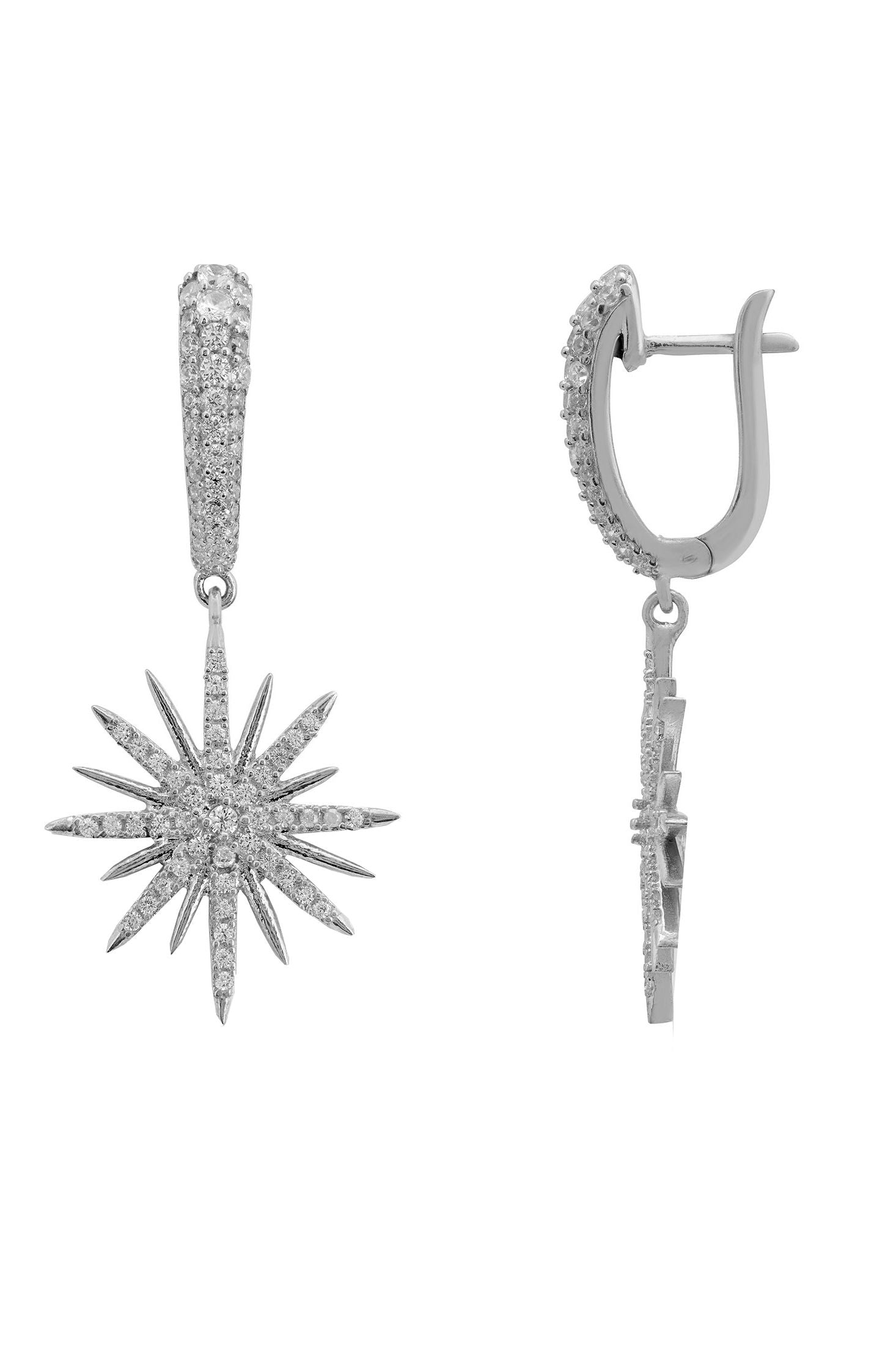 Silver star-shaped earrings on a white background