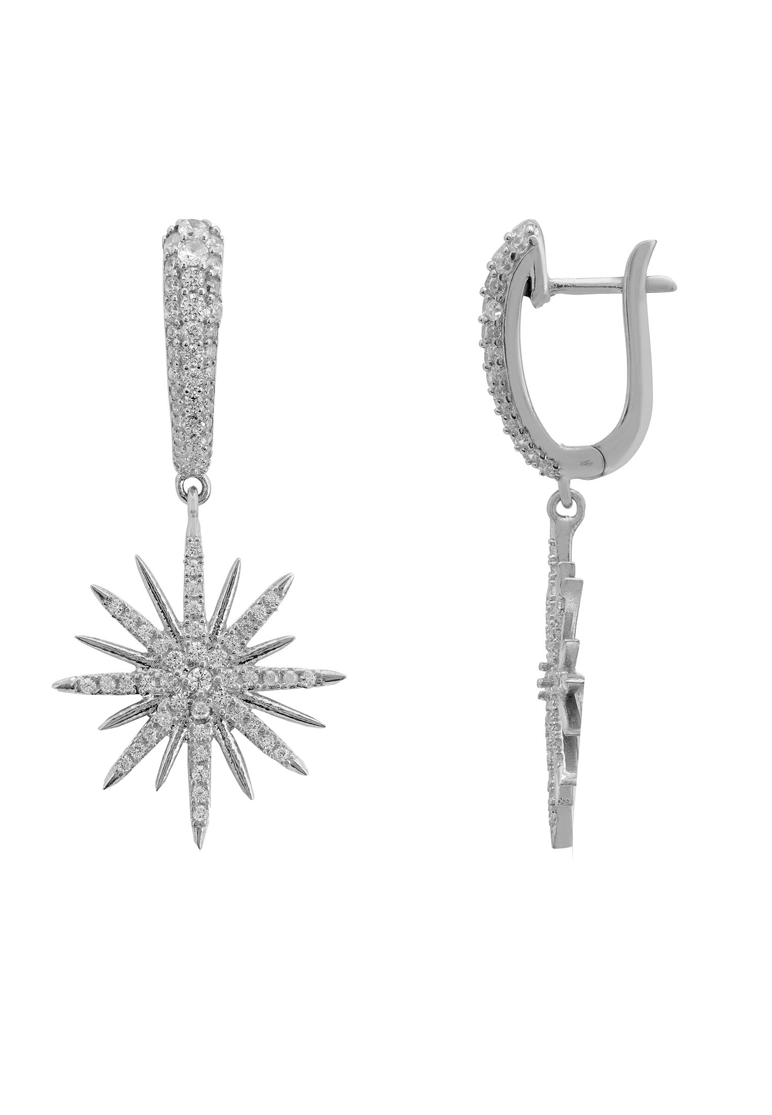 Silver star-shaped earrings on a white background