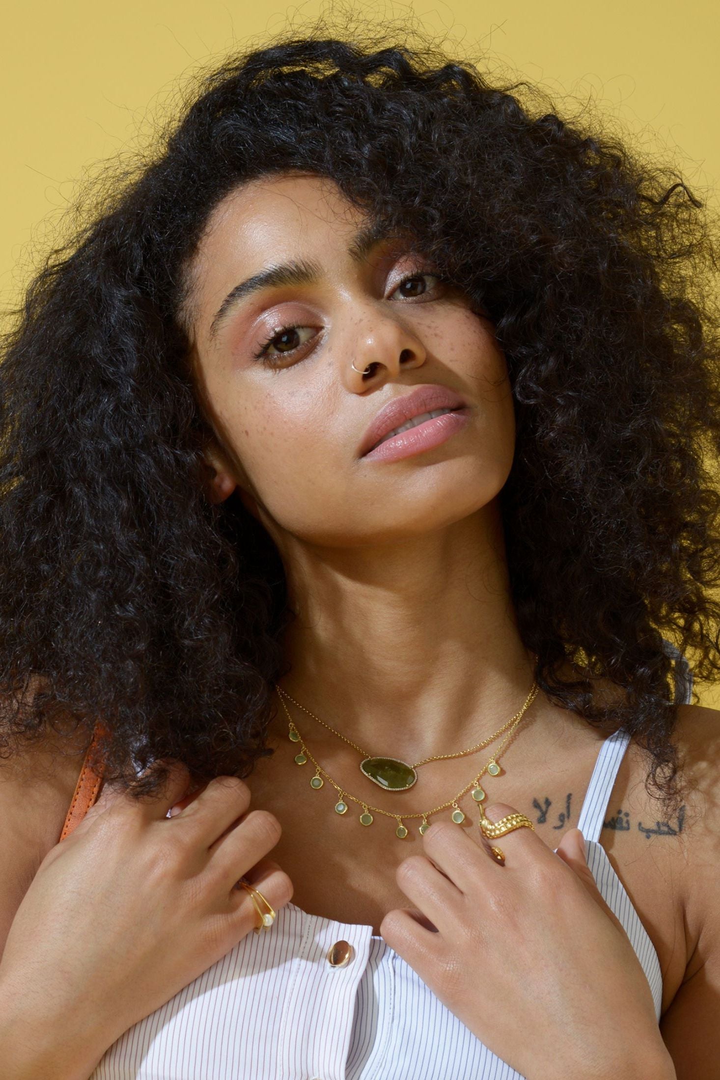 The ring worn by a model.