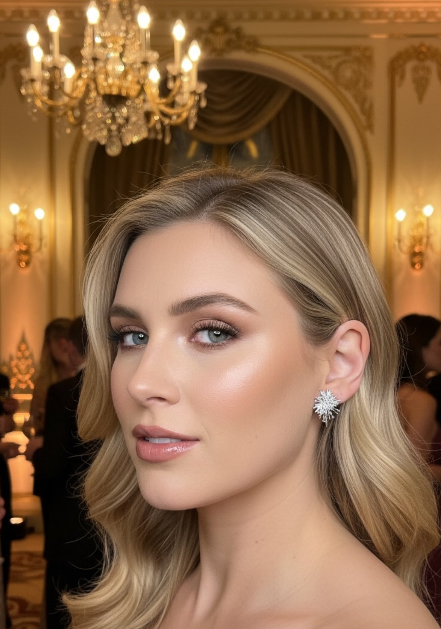 The earring worn by a model.