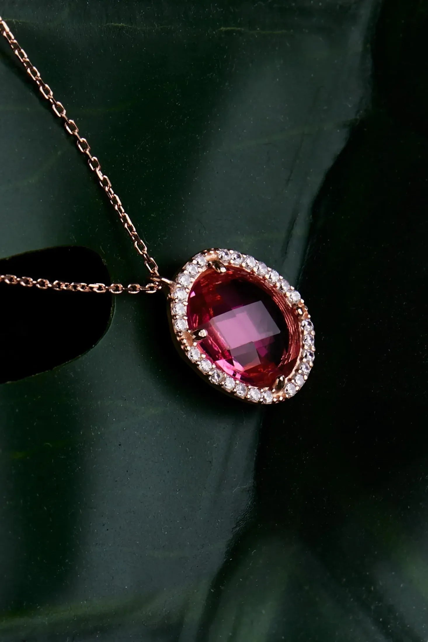 Beatrice Oval Gemstone Pendant Necklace Rose Gold Pink Tourmaline