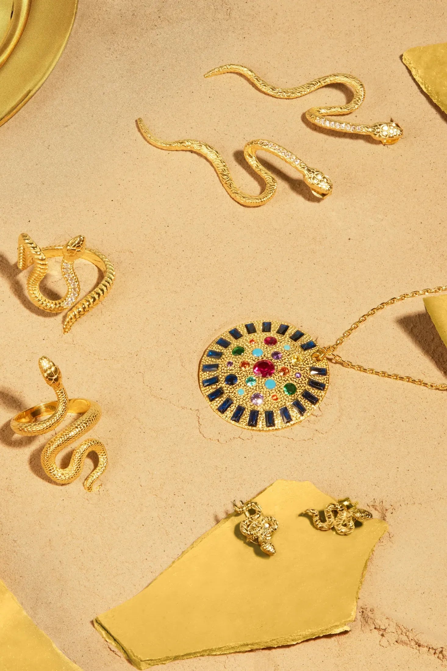 Ecliptic Mosaic Circle Gemstone Pendant Necklace Gold worn by a model, showing the pendant scale and how the chain sits.