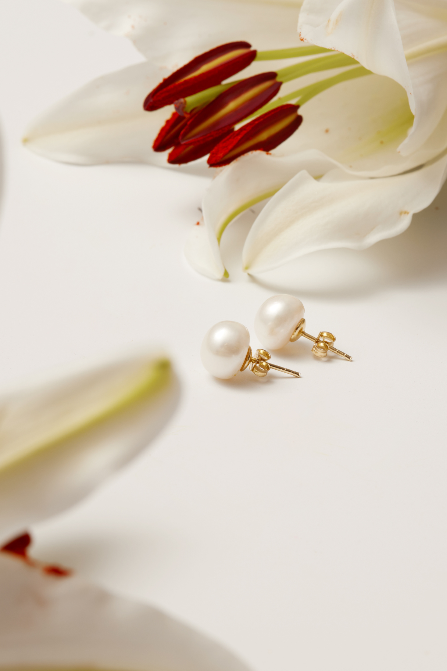 Solid 14K Gold 11mm Classic Natural Pearl Stud Earrings worn by a model, showing how they sit on the ear and their scale.