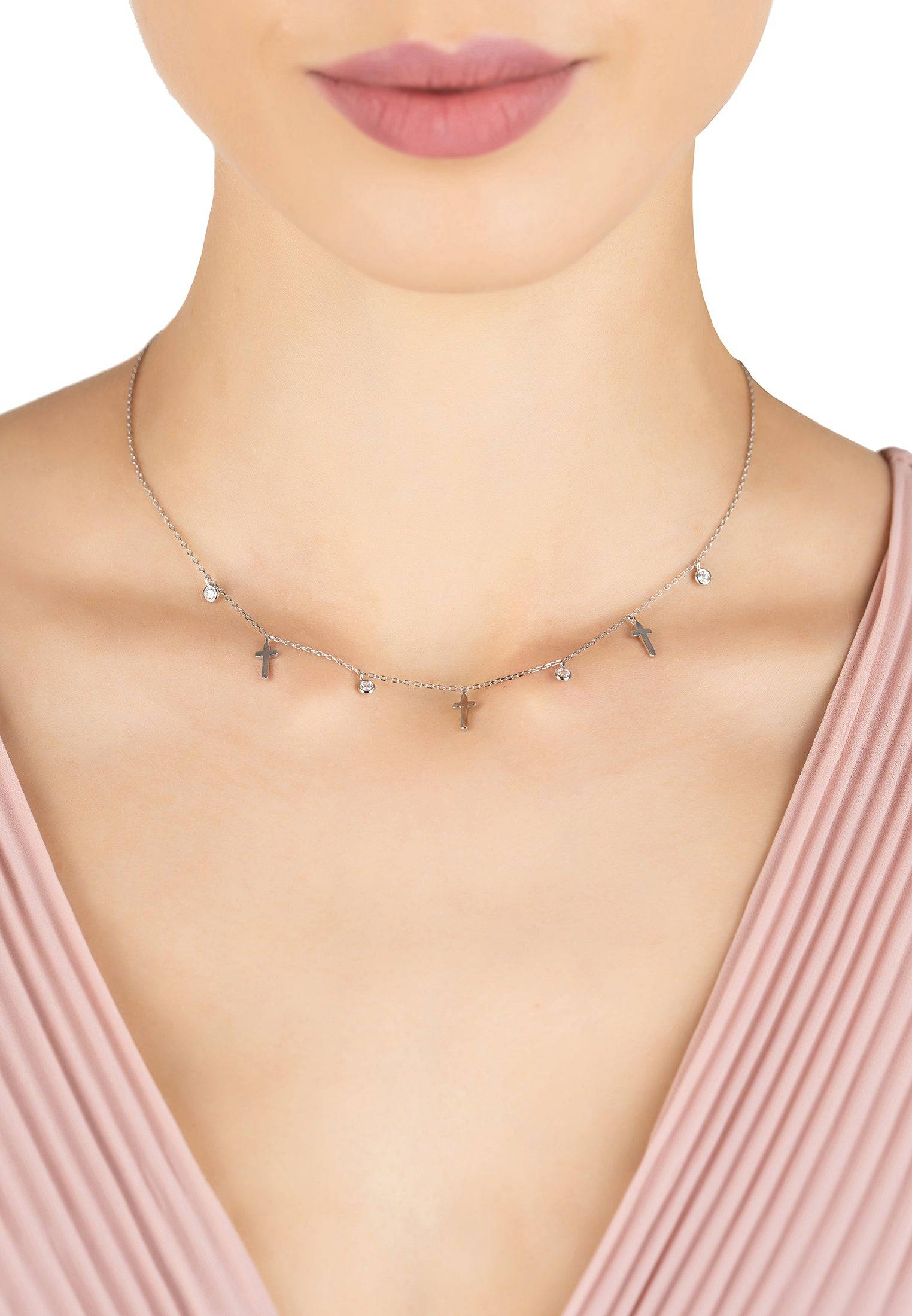 Crosses & Sparkles Choker Necklace Silver - LATELITA