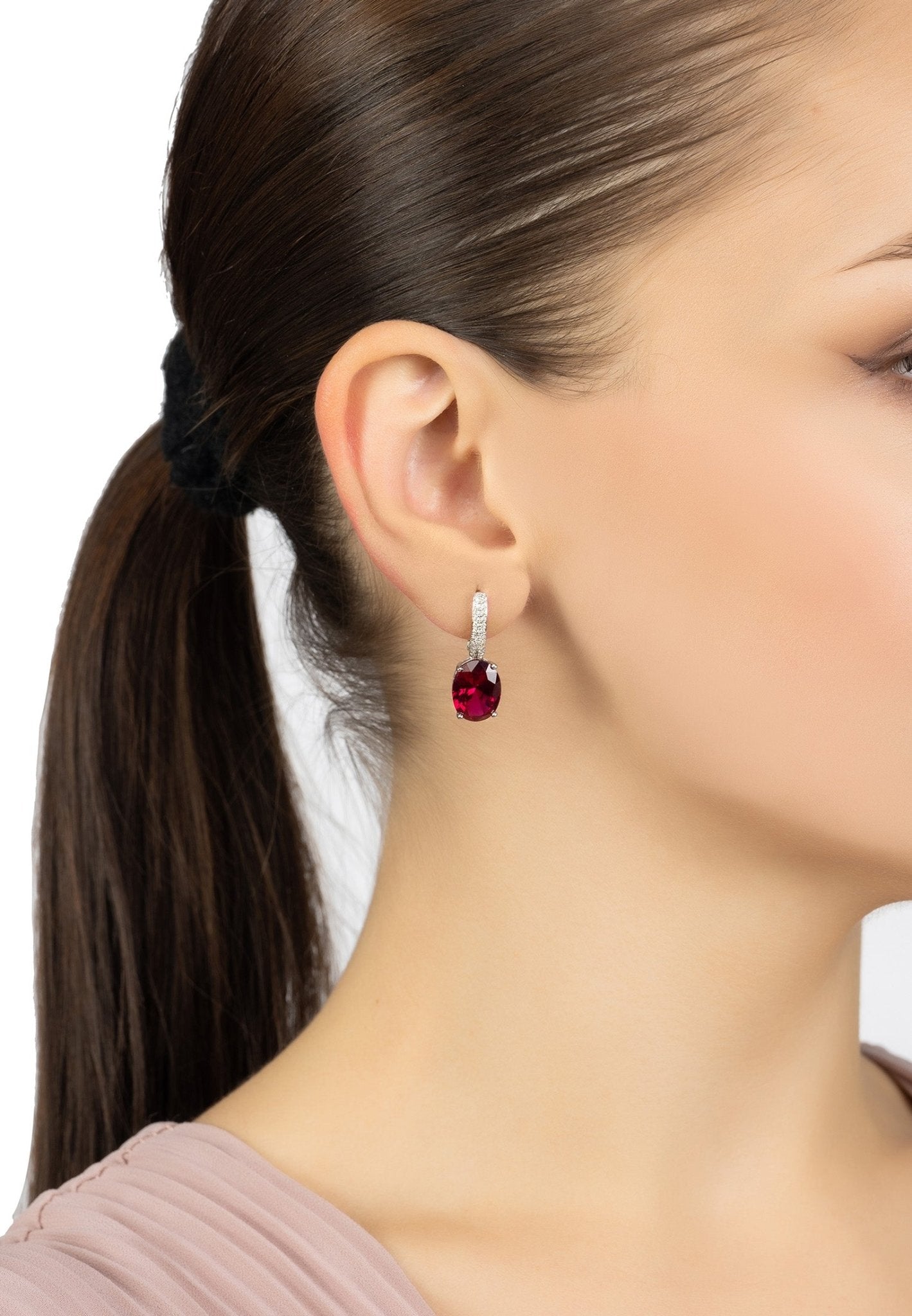Alexandra Oval Drop Earrings Silver Ruby - LATELITA Earrings