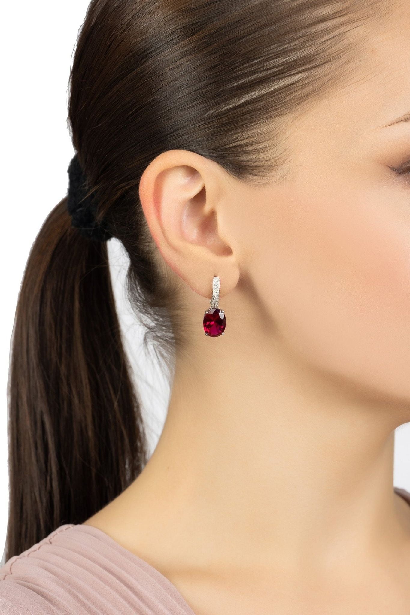 Alexandra Oval Drop Earrings Silver Ruby - LATELITA Earrings
