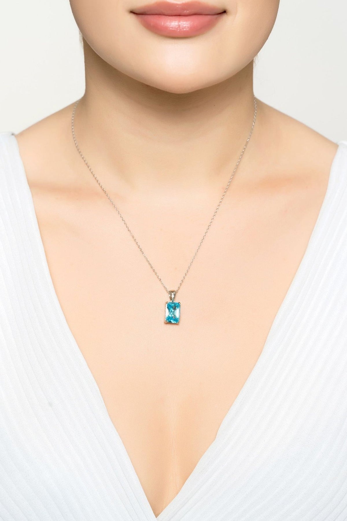 Alexandra Rectangle Gemstone Necklace Silver Blue Topaz - LATELITA Necklaces