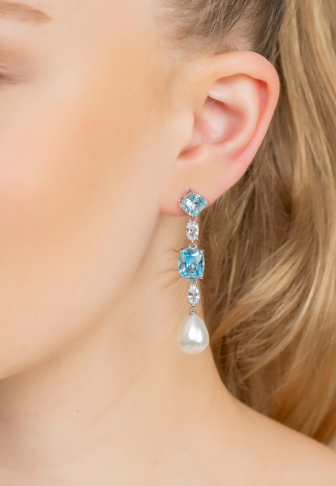 Amina Pearl & Blue Topaz Drop Earrings Silver - LATELITA Earrings