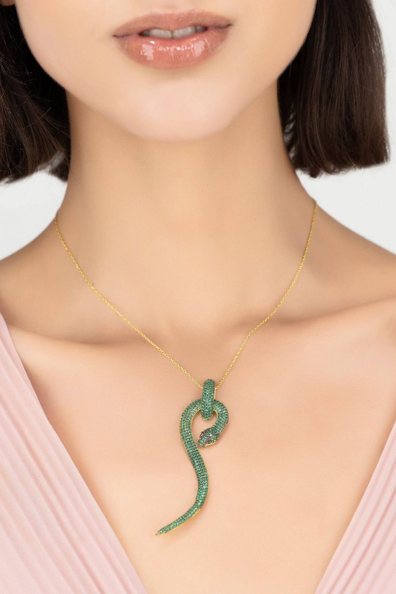 Anaconda Snake Pendant Necklace Gold Emerald - LATELITA Necklaces