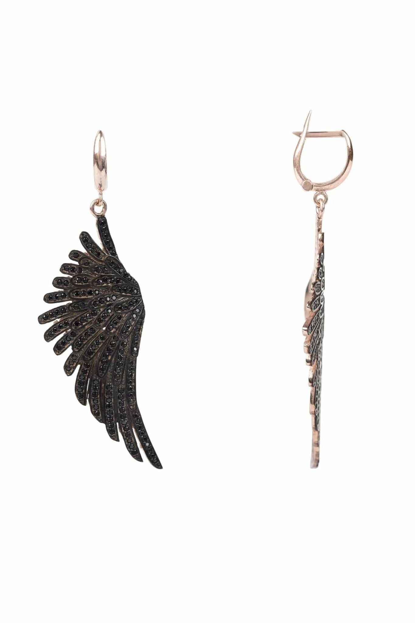 Angel Wing Drop Earrings Rosegold Black Cz - LATELITA Earrings