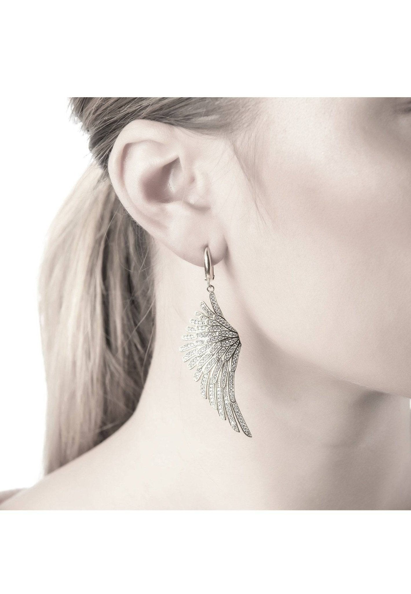 Angel Wing Drop Earrings Silver White - LATELITA Earrings