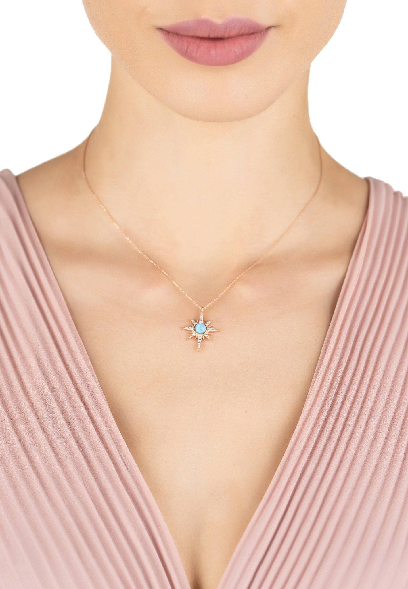 Apollo Opalite Blue Sunburst Necklace Rosegold - LATELITA Necklaces