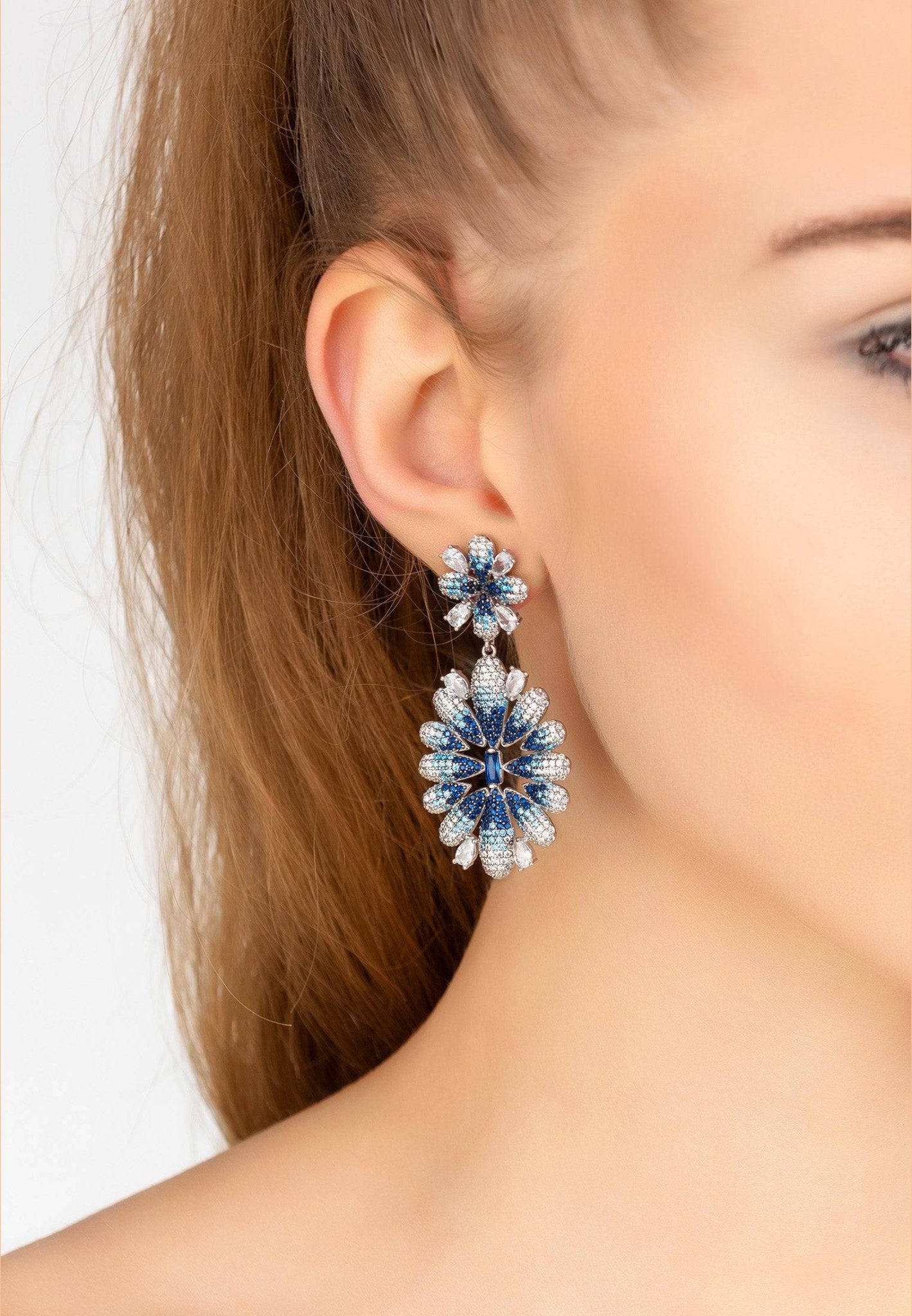 Babylon Ice Blue Gradient Flower Drop Earrings Silver - LATELITA Earrings