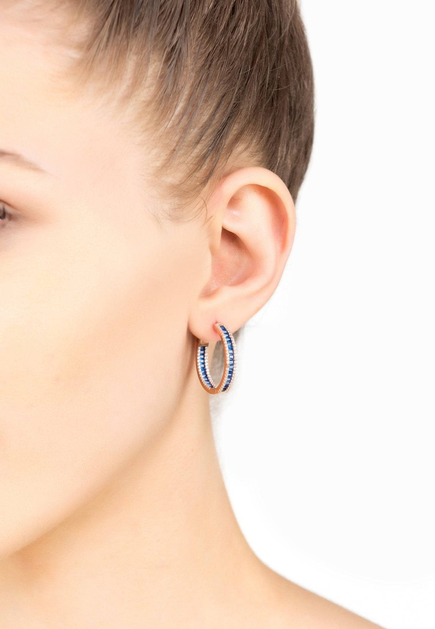 Baguette Hoop Earrings Medium Rosegold Sapphire Blue - LATELITA Earrings