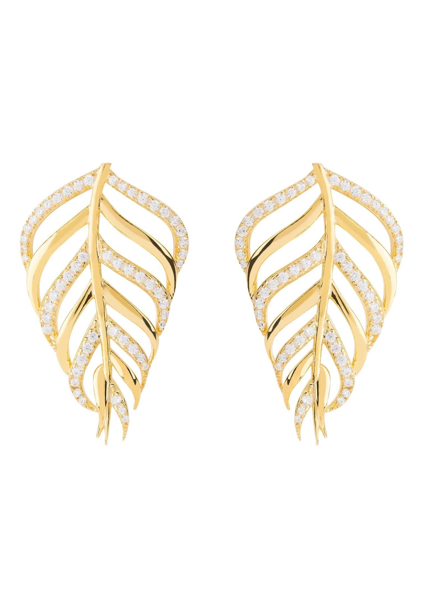 Bali Leaf Stud Earrings White Cz Gold - LATELITA Earrings