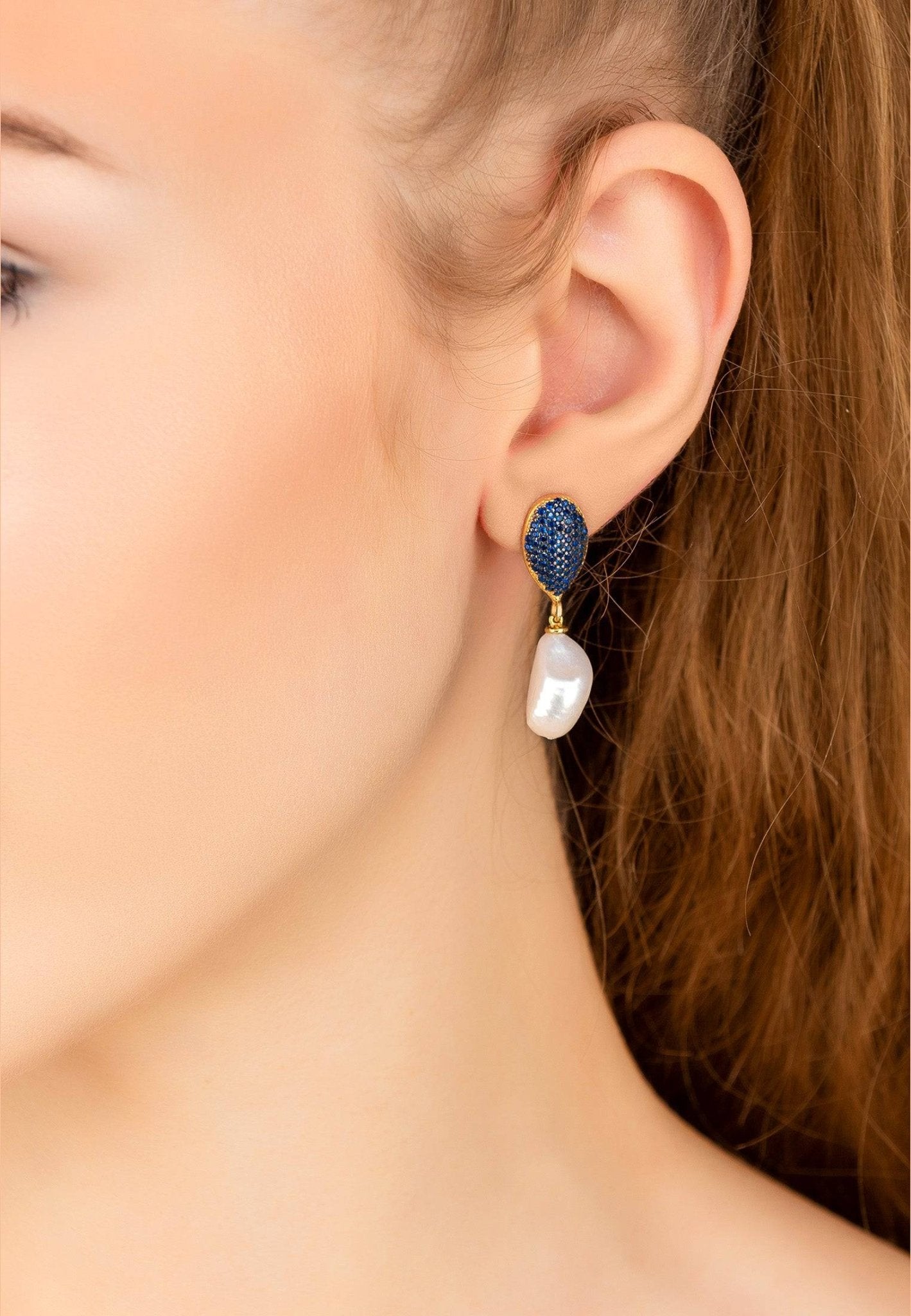 Baroque Pearl Classic Drop Earrings Gold Sapphire Blue Cz - LATELITA Earrings
