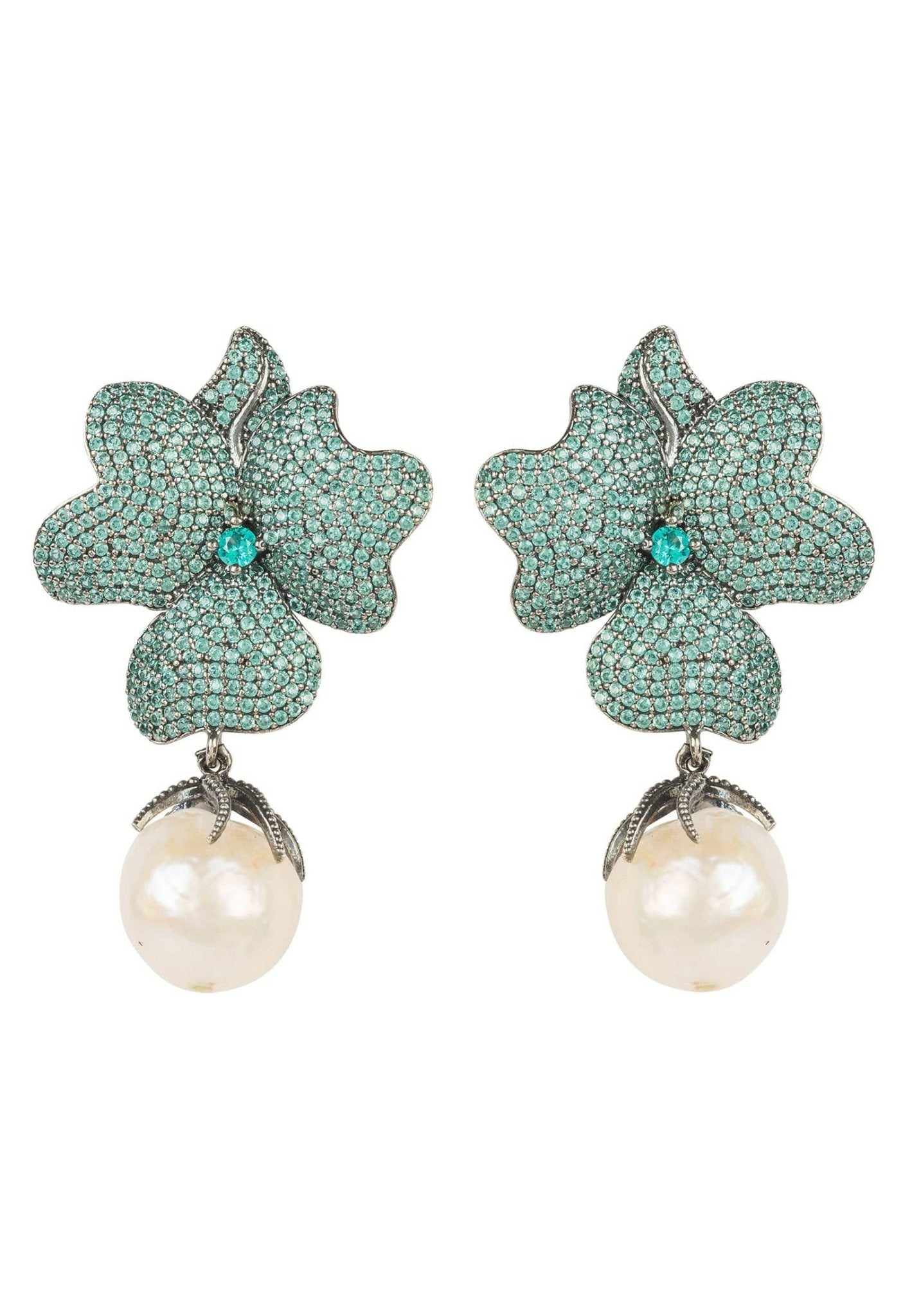 Baroque Pearl Flower Earring Aqua Paraiba Blue Oxidised - LATELITA Earrings