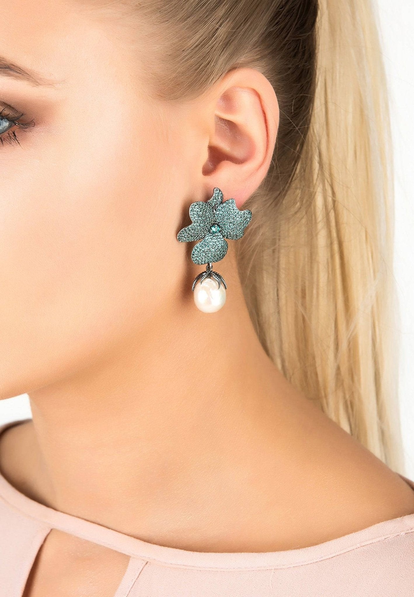 Baroque Pearl Flower Earring Aqua Paraiba Blue Oxidised - LATELITA Earrings