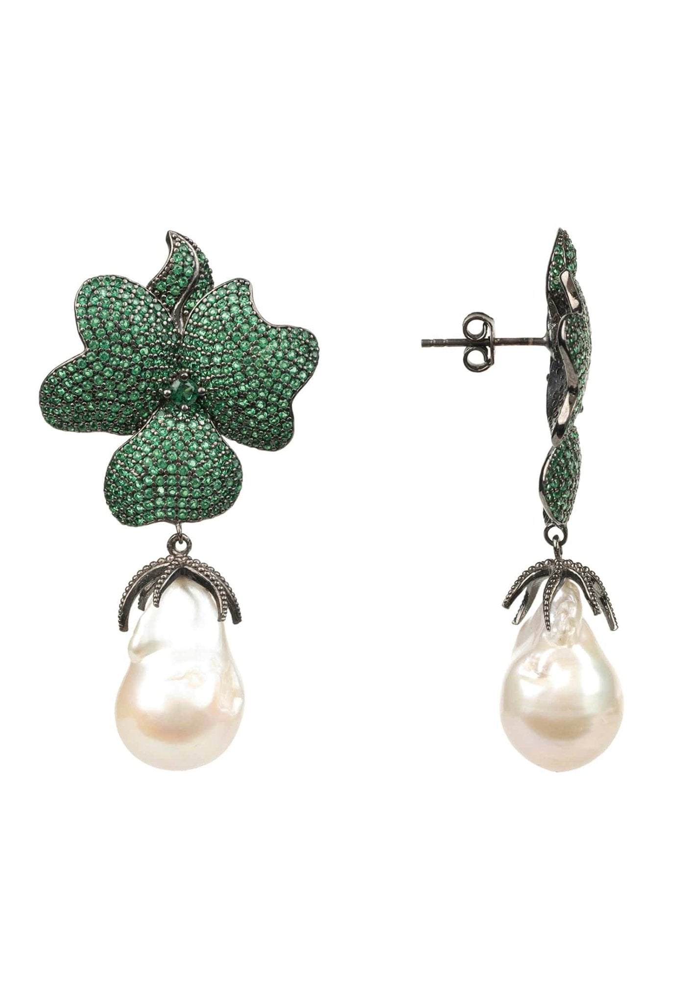 Baroque Pearl Green Flower Drop Earring Oxidised - LATELITA Earrings