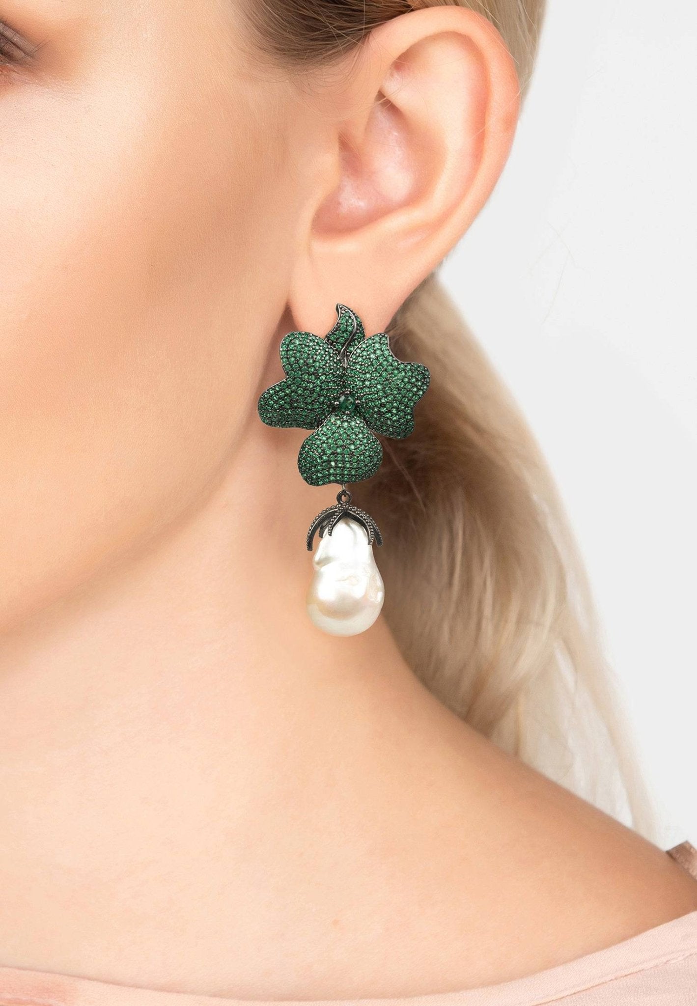 Baroque Pearl Green Flower Drop Earring Oxidised - LATELITA Earrings