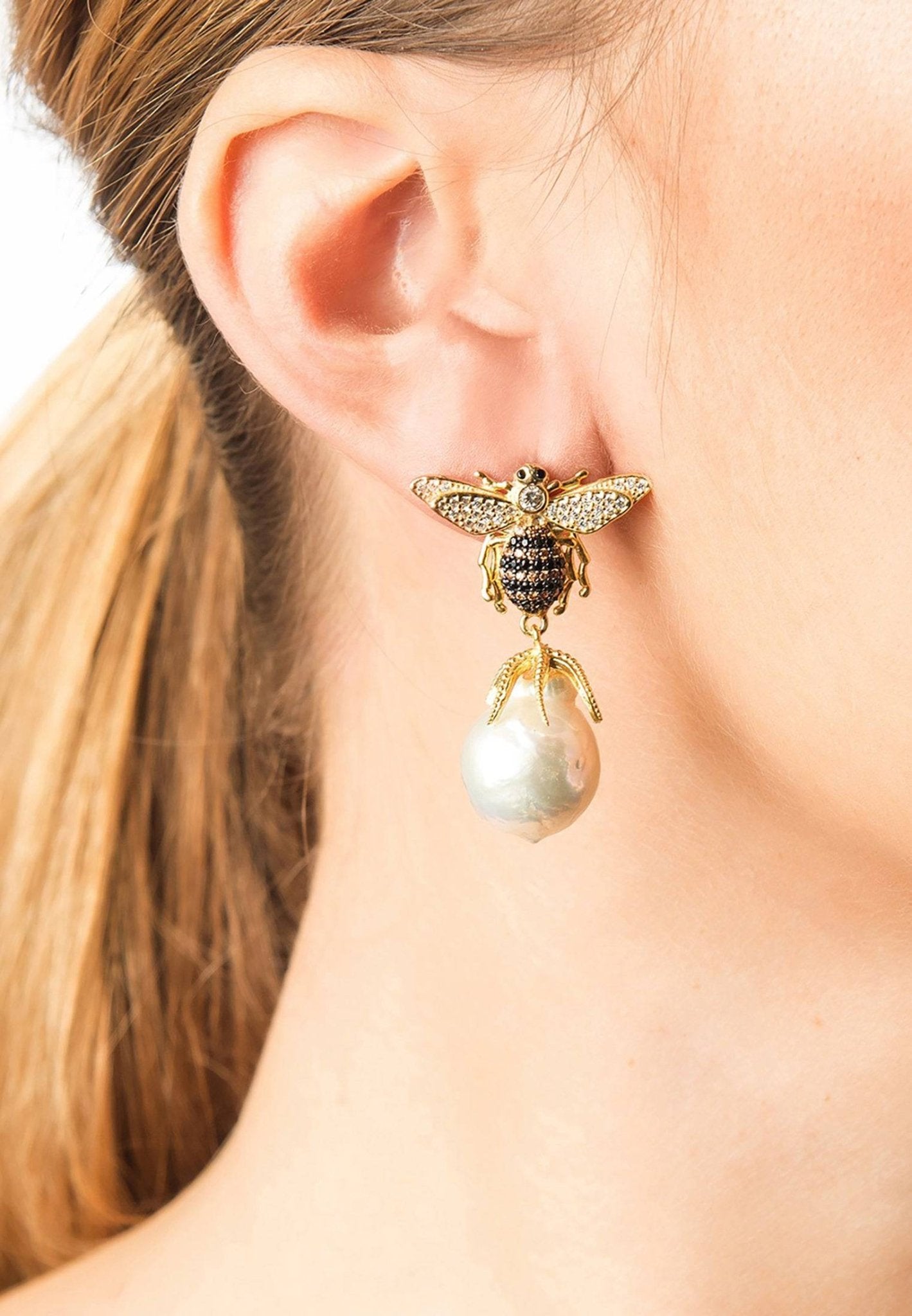Baroque Pearl Honey Bee Drop Earrings Gold - LATELITA Earrings