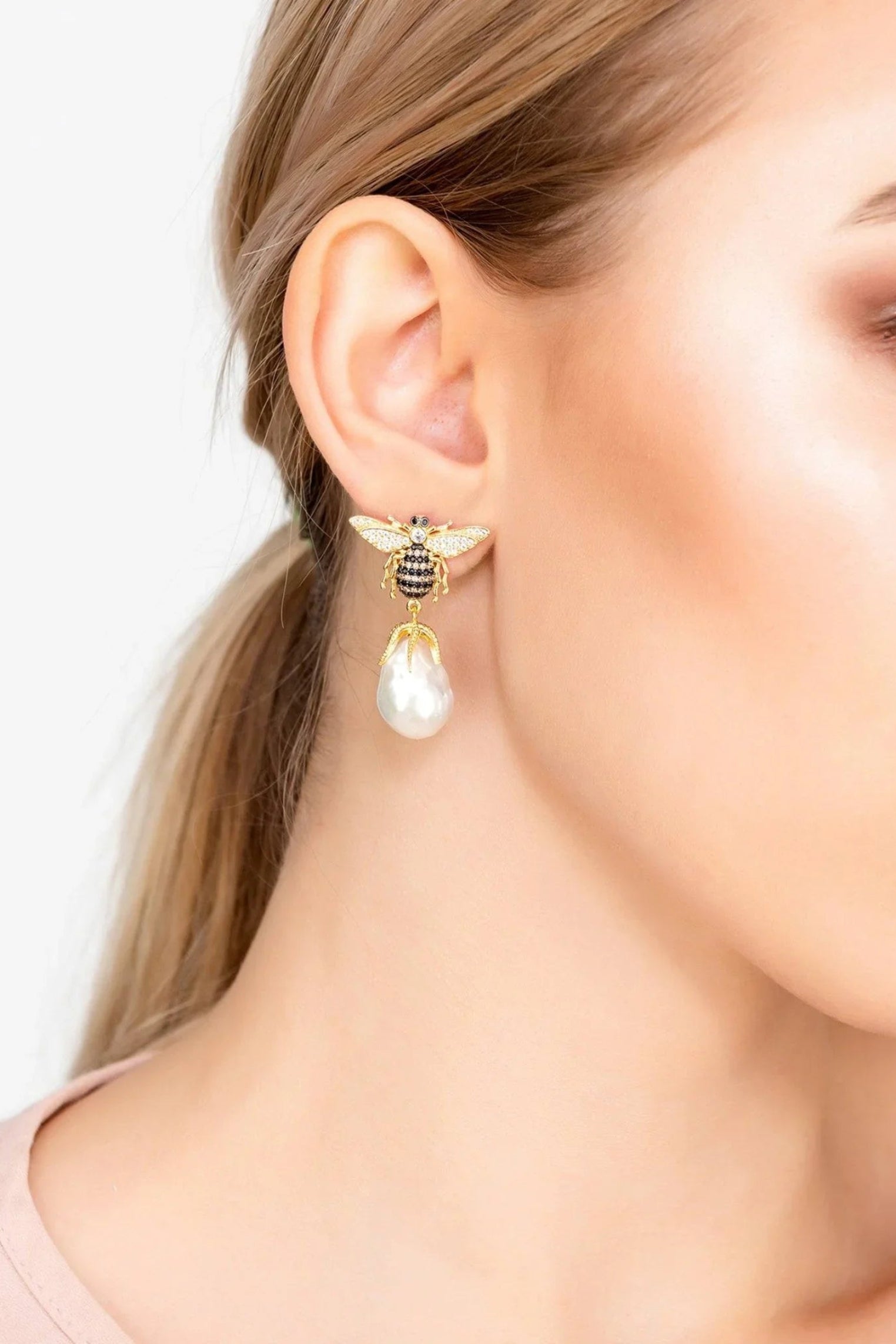 Baroque Pearl Honey Bee Drop Earrings Gold - LATELITA Earrings