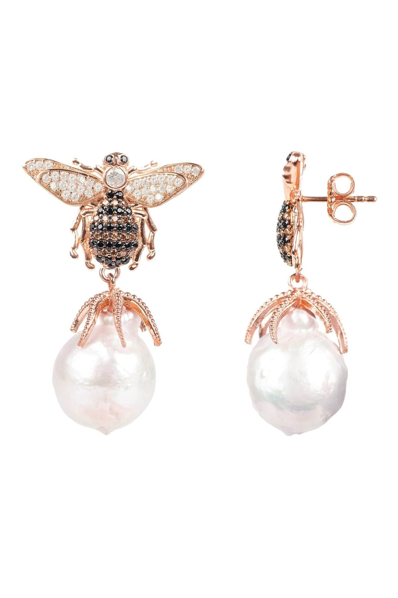 Baroque Pearl Honey Bee Drop Earrings Rosegold - LATELITA Earrings