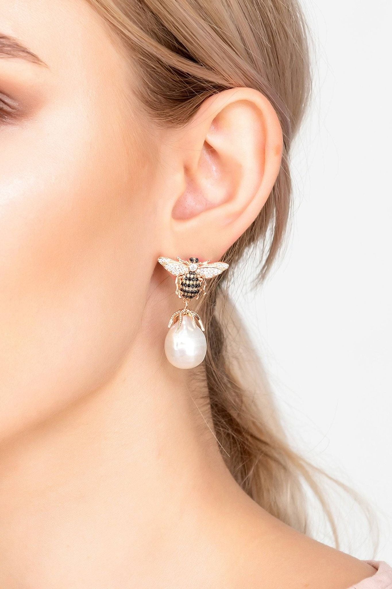 Baroque Pearl Honey Bee Drop Earrings Rosegold - LATELITA Earrings