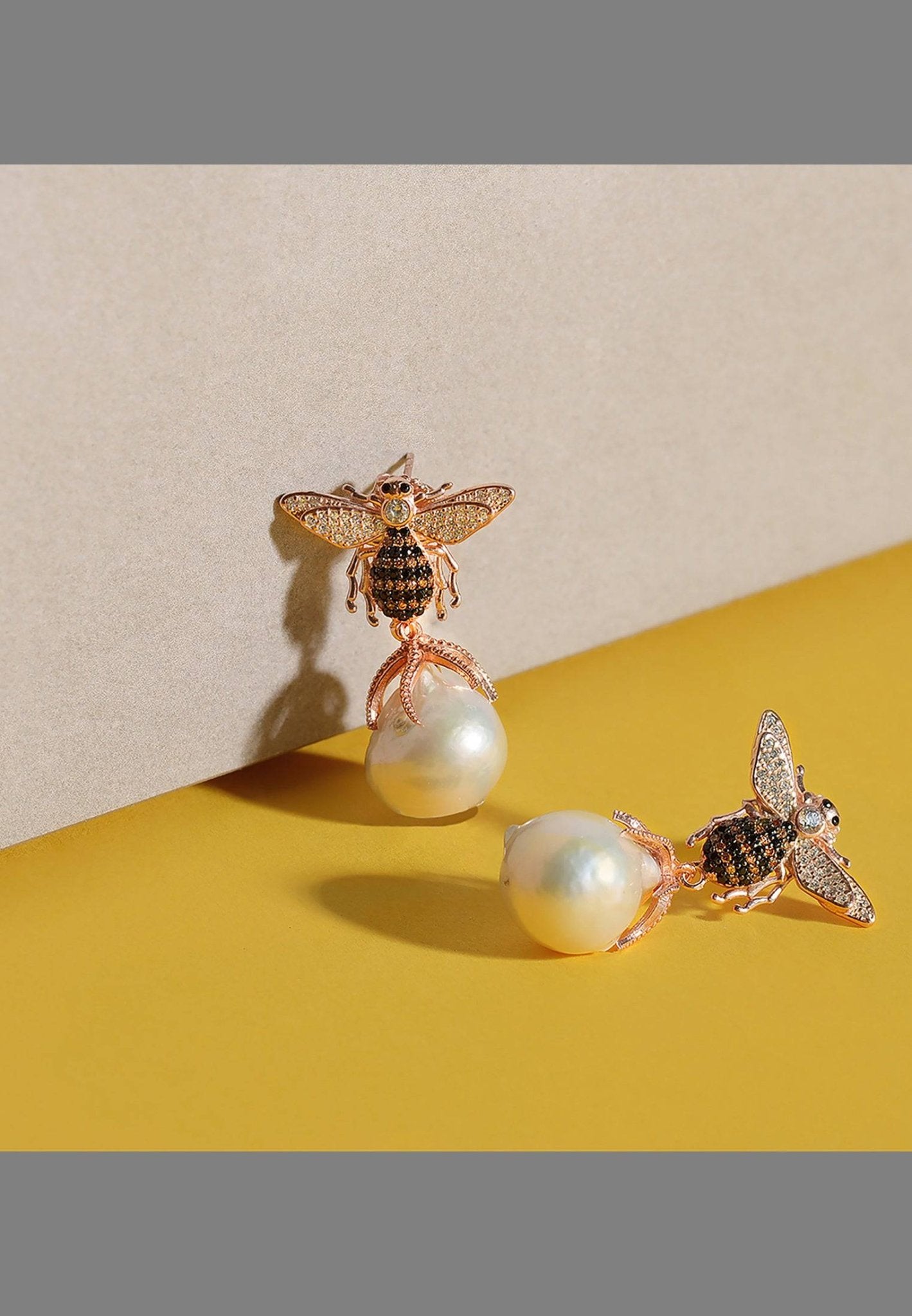 Baroque Pearl Honey Bee Drop Earrings Rosegold - LATELITA Earrings