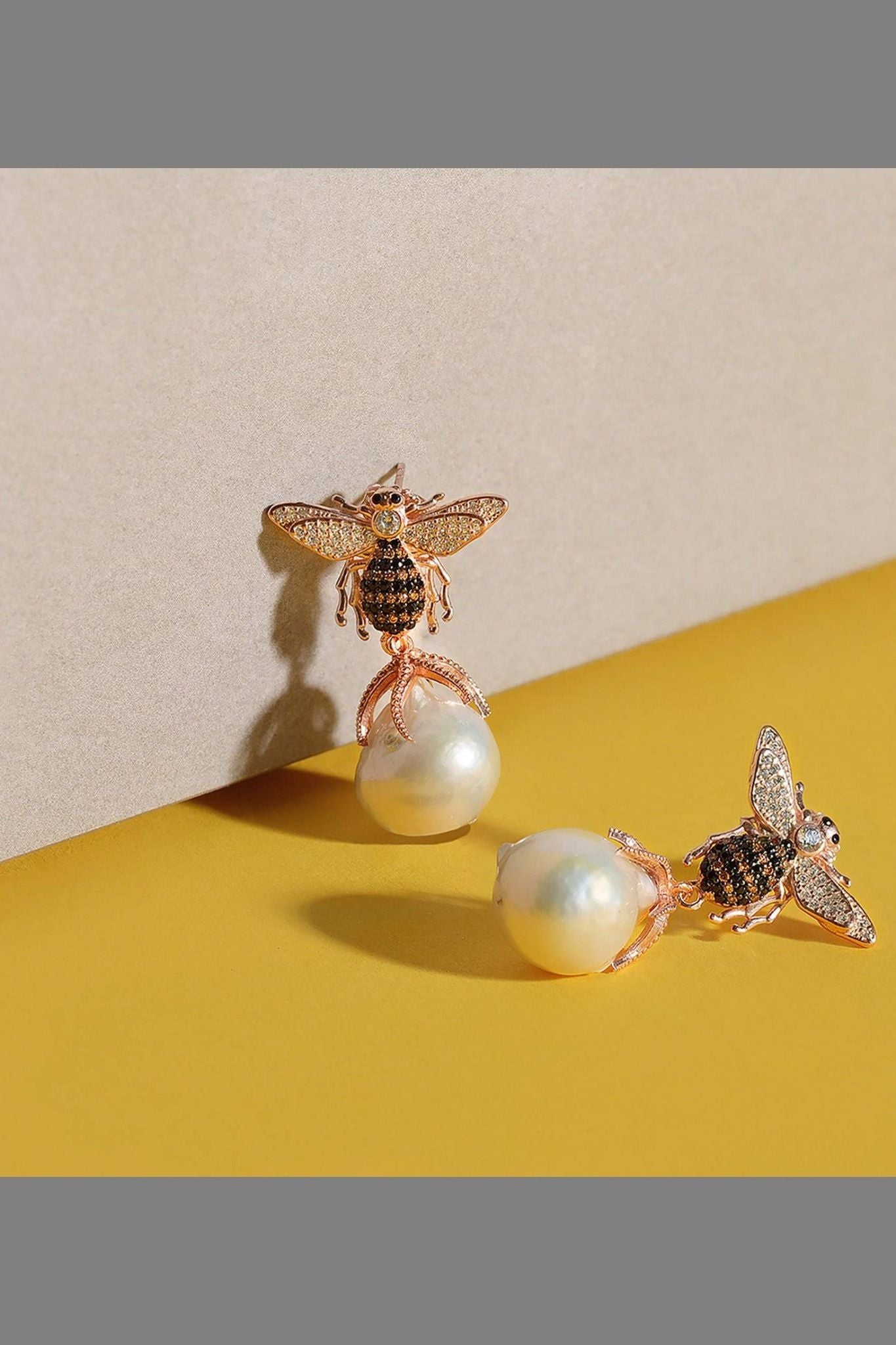 Baroque Pearl Honey Bee Drop Earrings Rosegold - LATELITA Earrings