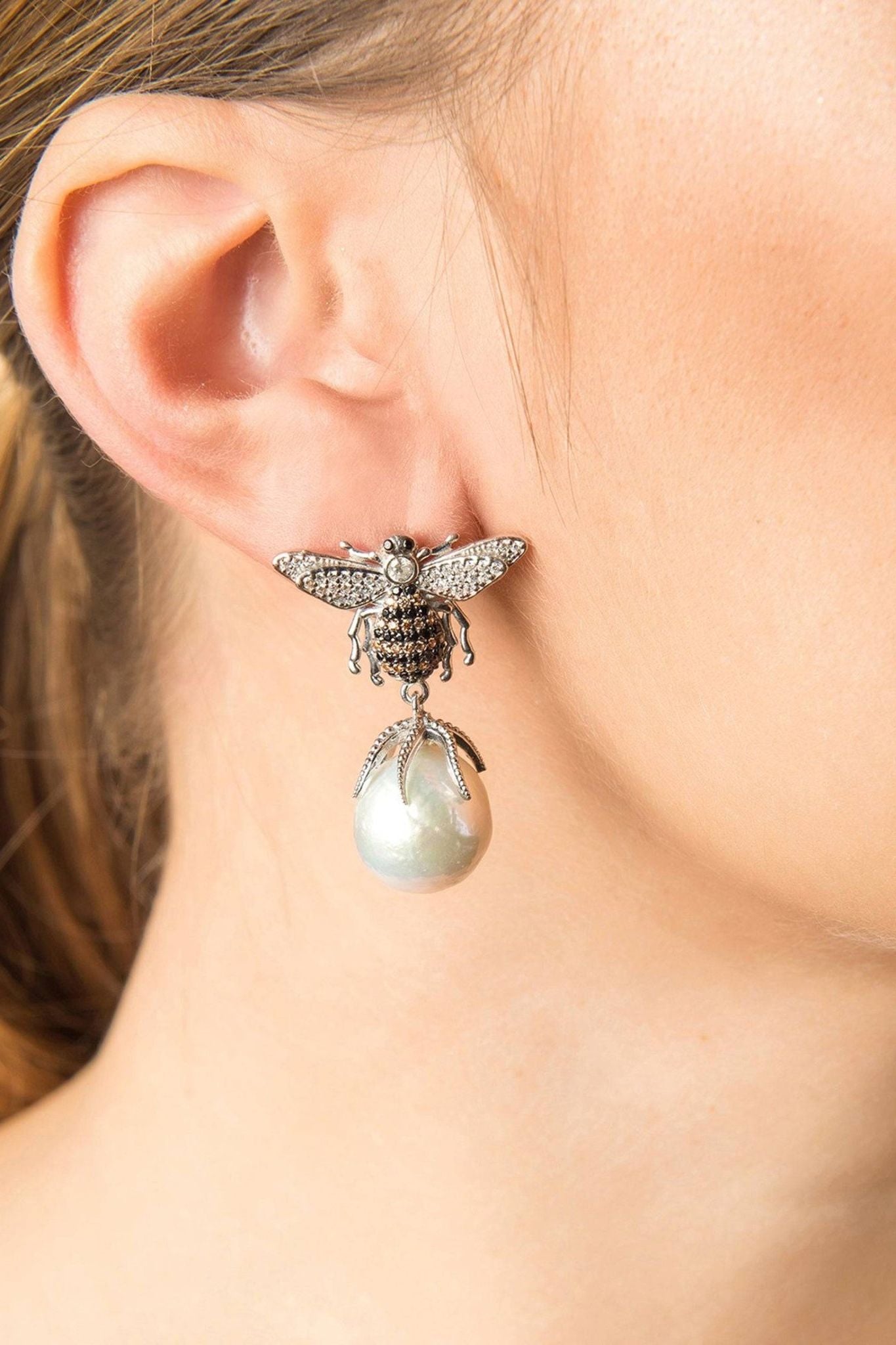Baroque Pearl Honey Bee Drop Earrings Silver - LATELITA Earrings