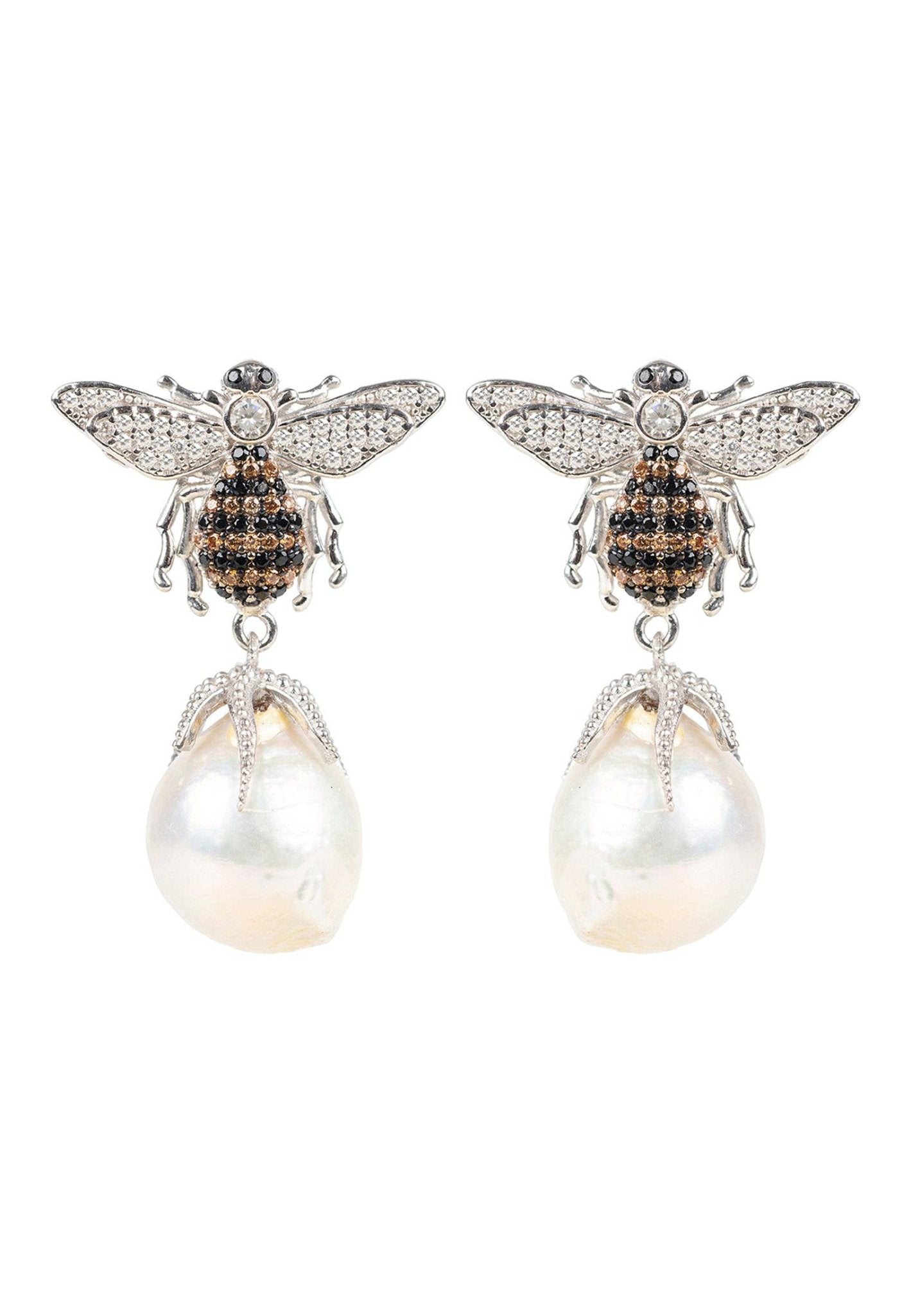 Baroque Pearl Honey Bee Drop Earrings Silver - LATELITA Earrings