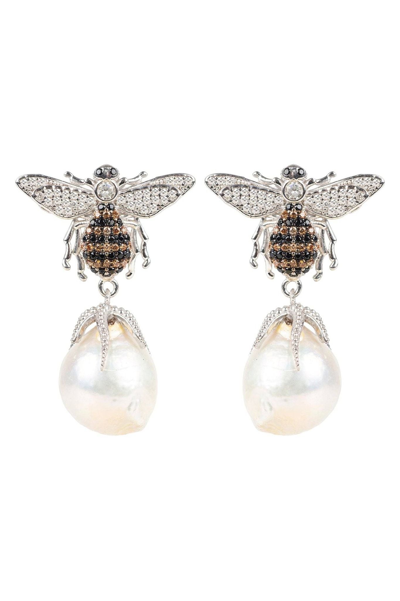 Baroque Pearl Honey Bee Drop Earrings Silver - LATELITA Earrings