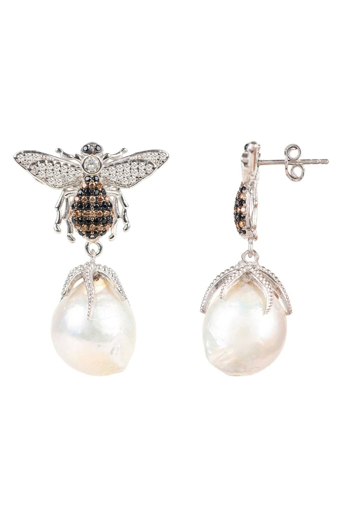 Baroque Pearl Honey Bee Drop Earrings Silver - LATELITA Earrings