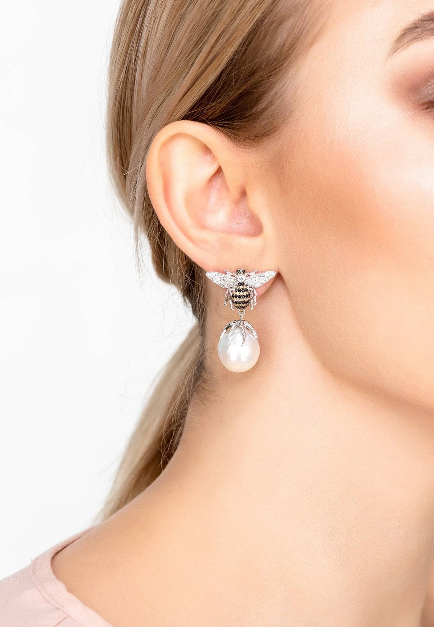 Baroque Pearl Honey Bee Drop Earrings Silver - LATELITA Earrings