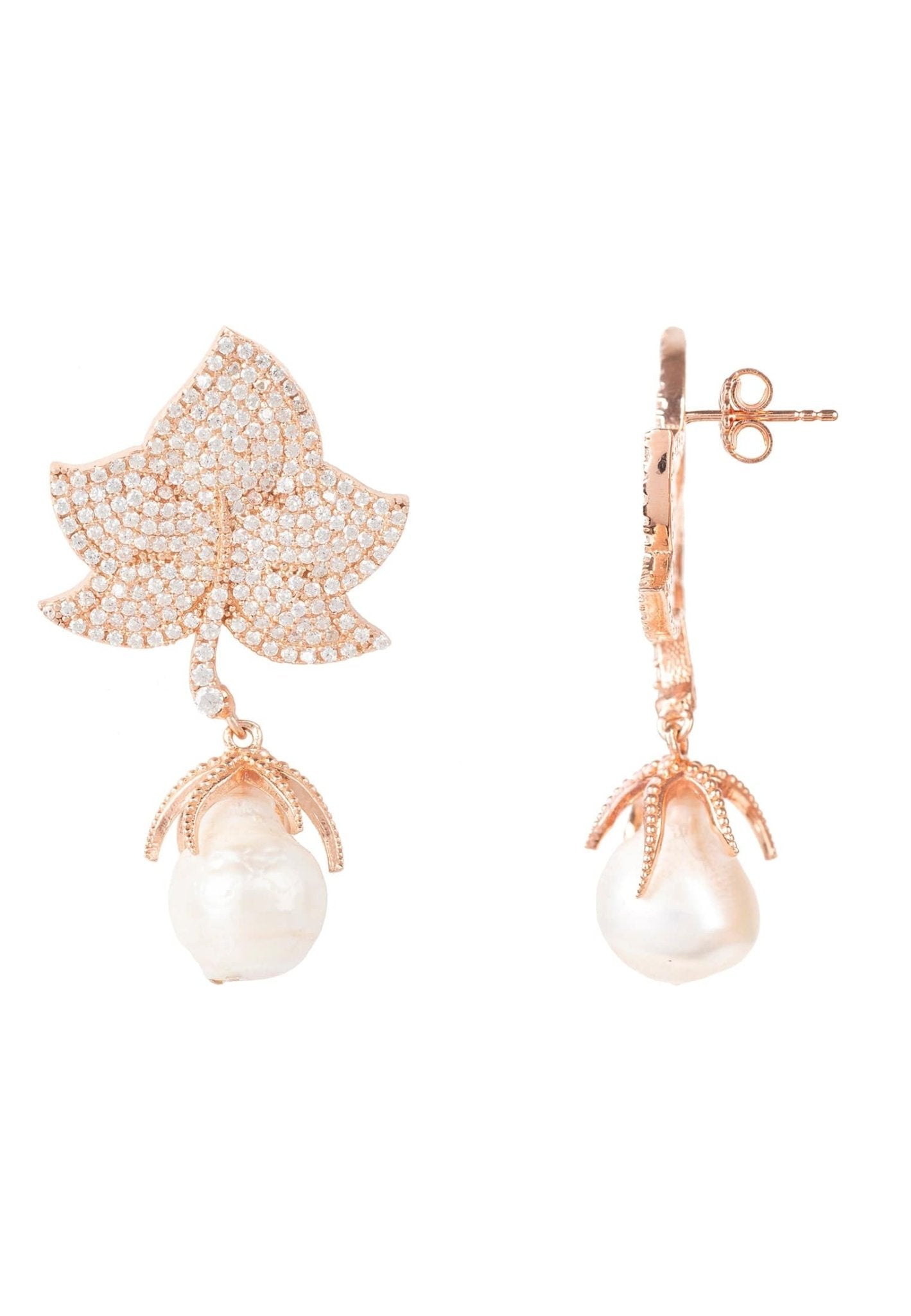Baroque Pearl Leaf Earrings White Cz Rose Gold - LATELITA Earrings