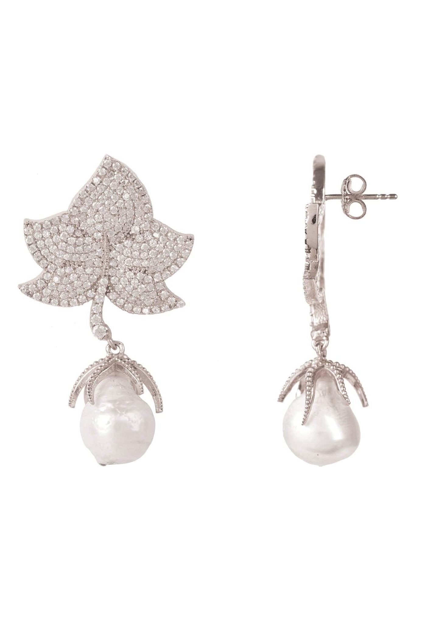 Baroque Pearl Leaf Earrings White Cz Silver - LATELITA Earrings