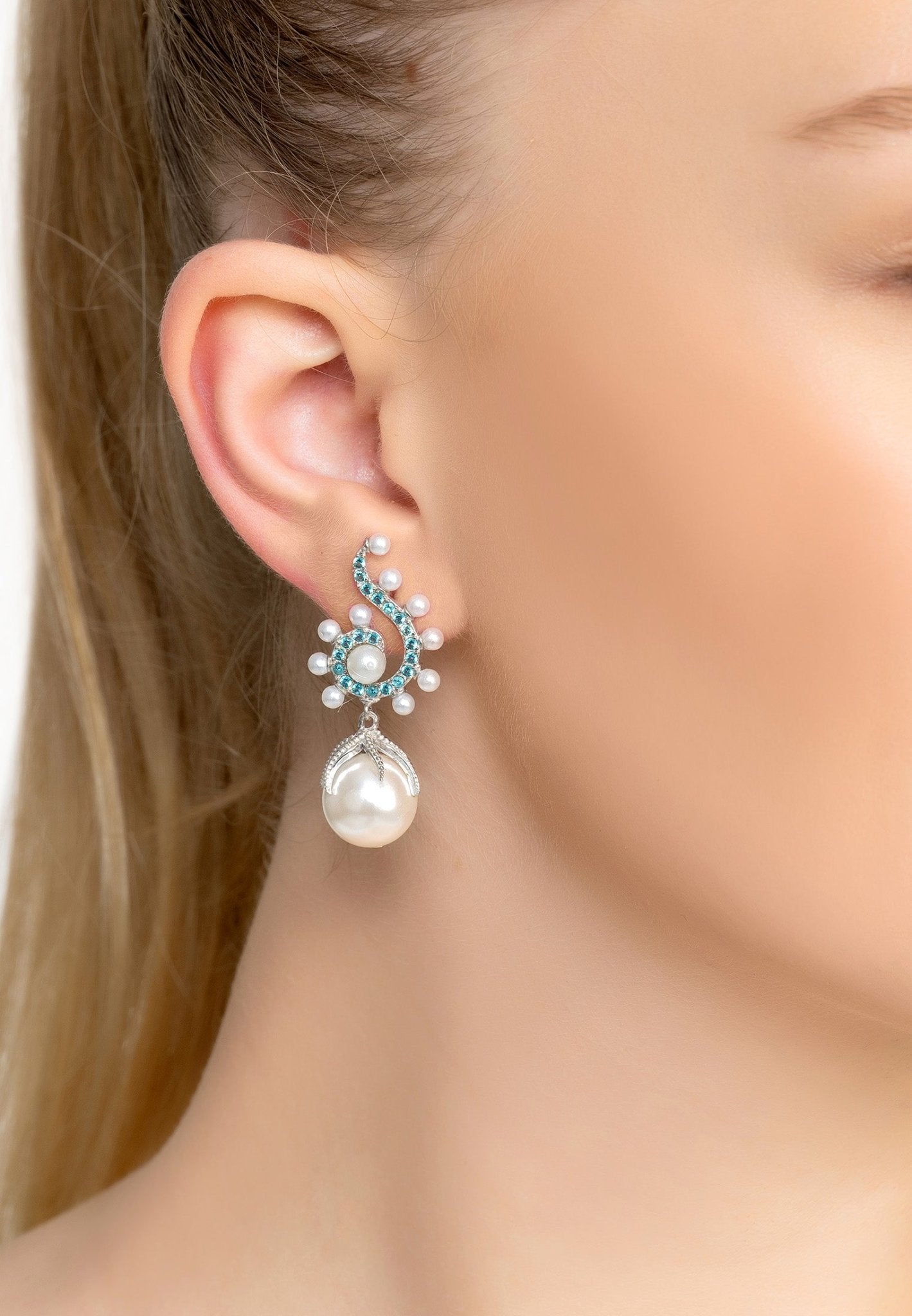 Baroque Pearl Poseidon Gemstone Drop Earrings Aqua Silver - LATELITA Earrings