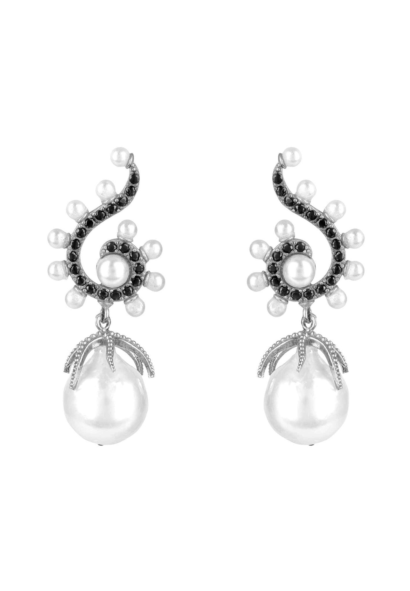Baroque Pearl Poseidon Gemstone Drop Earrings Black Silver - LATELITA Earrings
