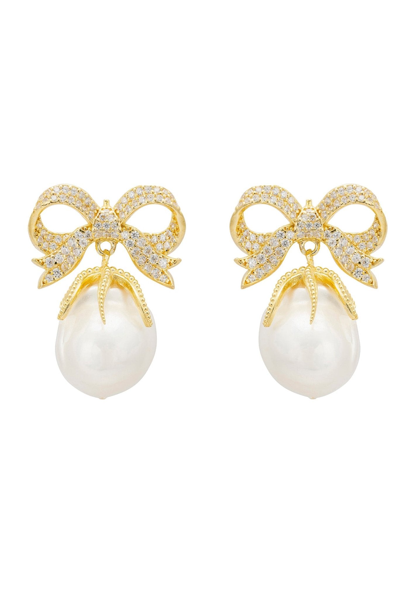 Baroque Pearl Ribbon And Bows Drop Earrings Gold - LATELITA Earrings