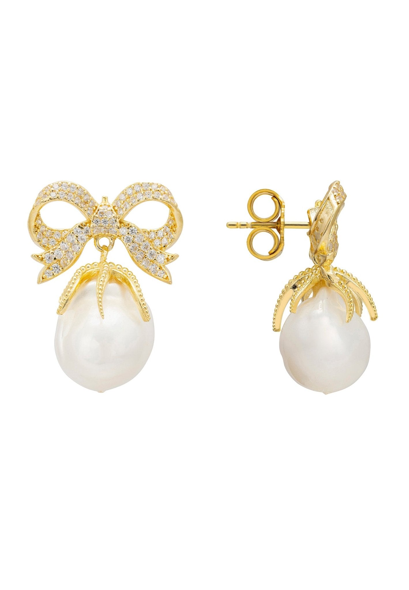Baroque Pearl Ribbon And Bows Drop Earrings Gold - LATELITA Earrings