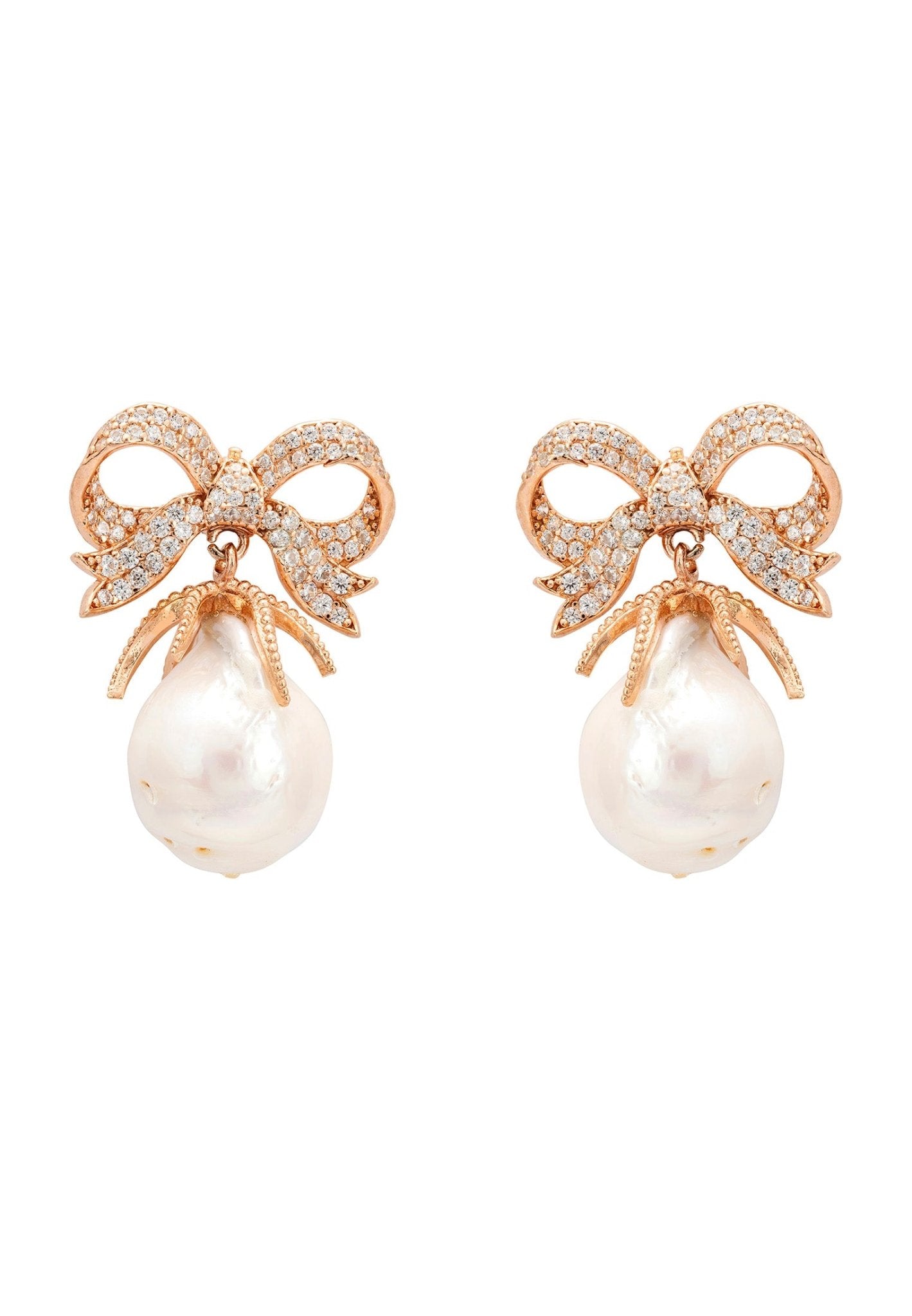 Baroque Pearl Ribbon And Bows Drop Earrings Rosegold - LATELITA Earrings