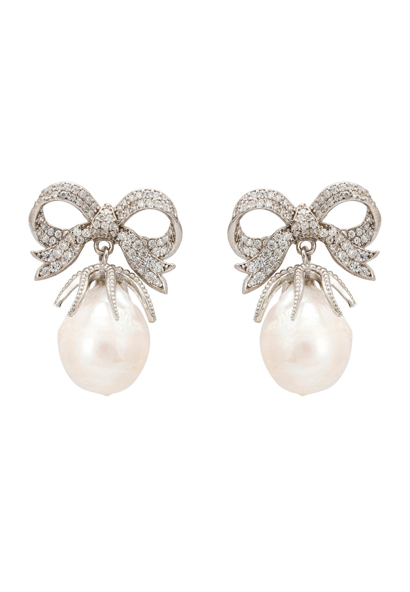 Baroque Pearl Ribbon And Bows Drop Earrings Silver - LATELITA Earrings