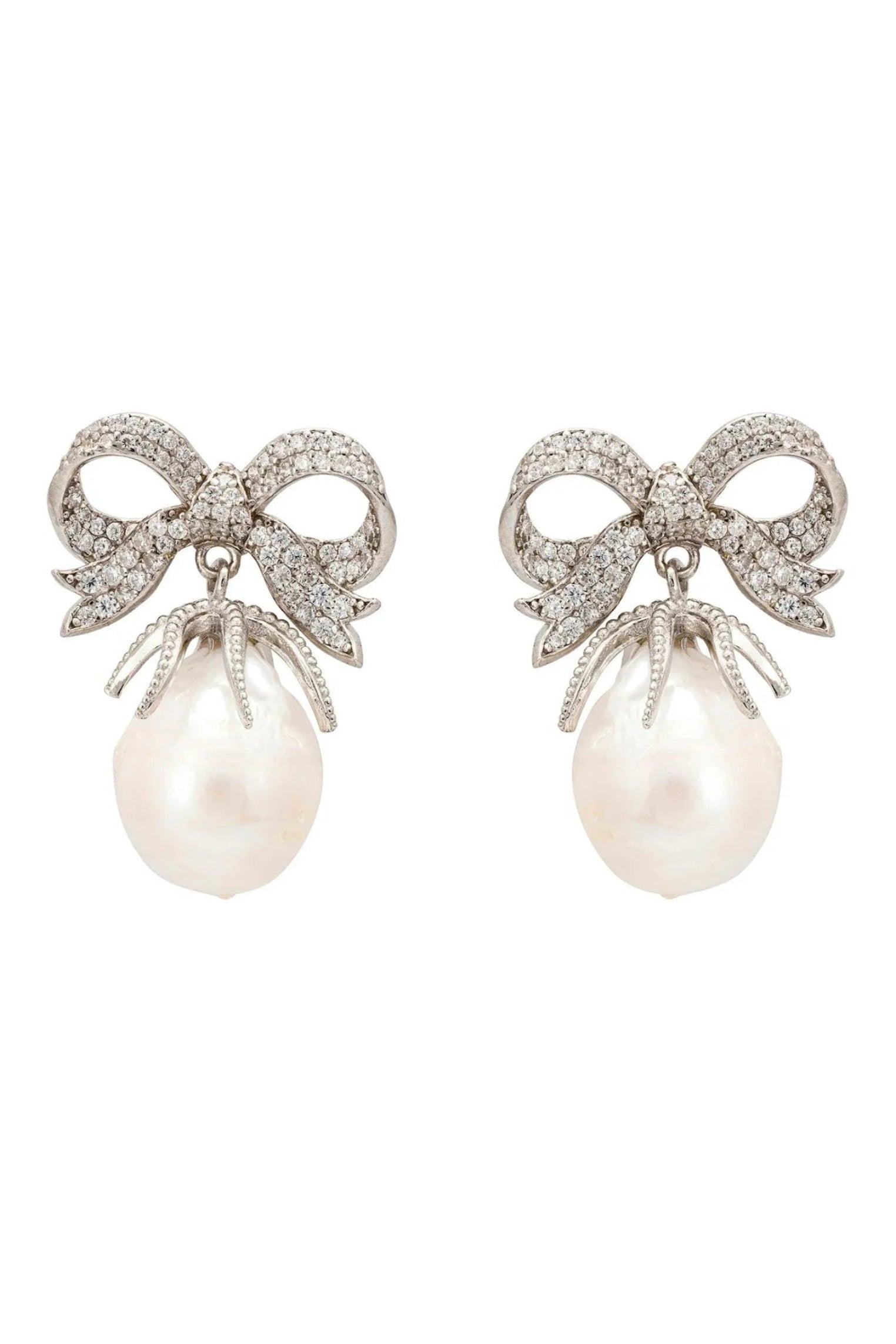 Baroque Pearl Ribbon And Bows Drop Earrings Silver - LATELITA Earrings