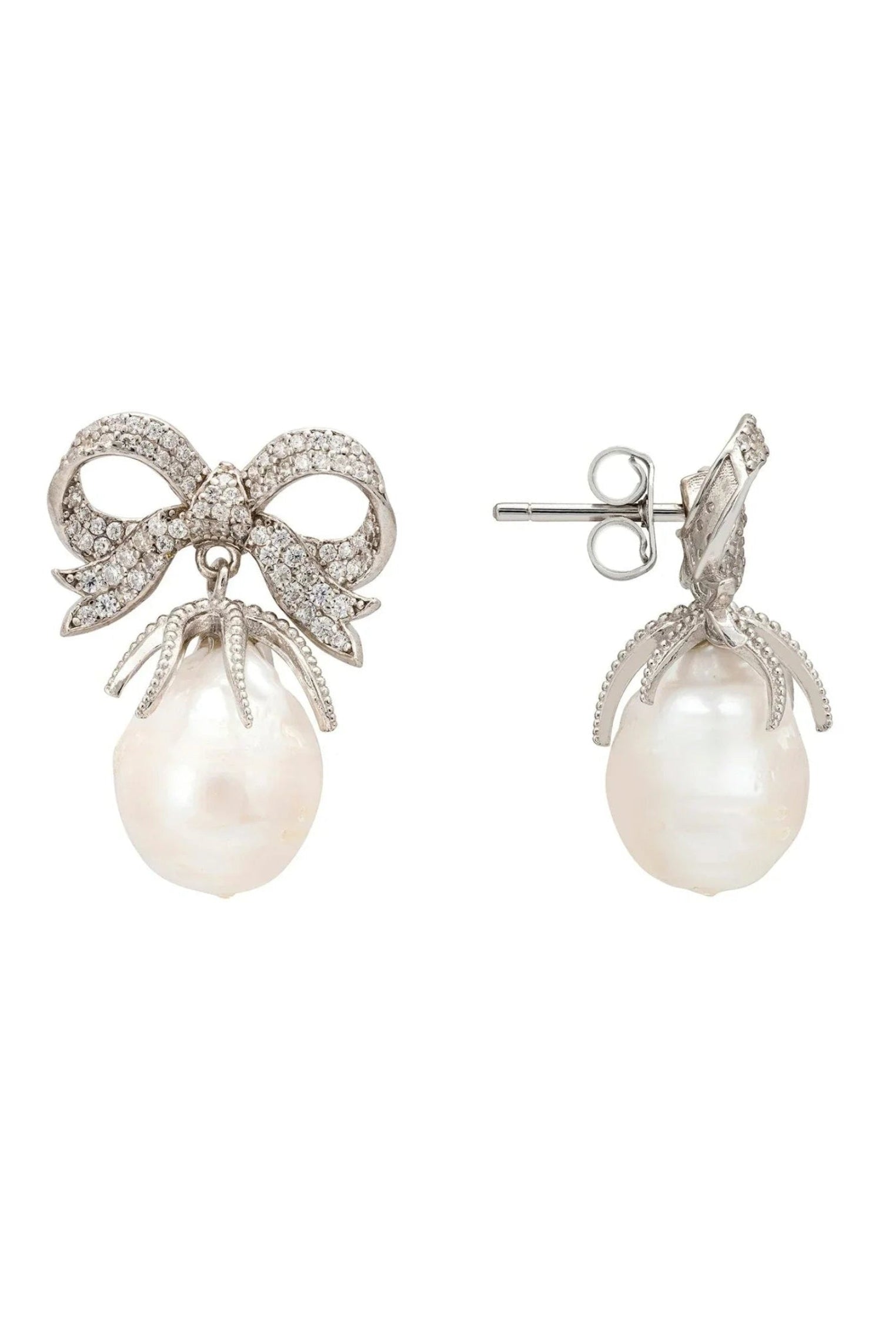 Baroque Pearl Ribbon And Bows Drop Earrings Silver - LATELITA Earrings