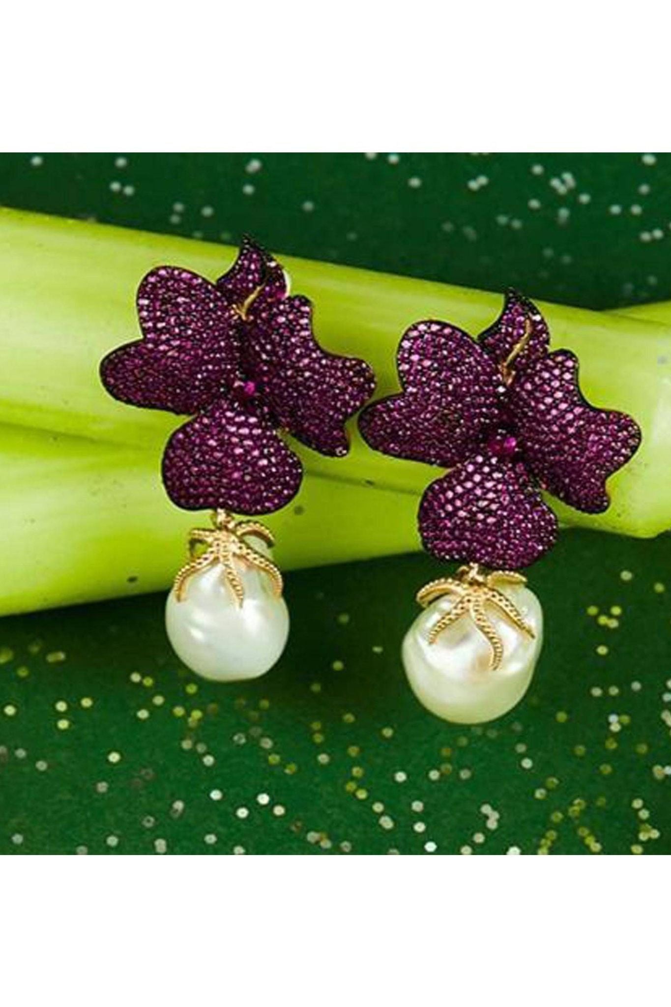 Baroque Pearl Ruby Red Flower Earrings Rose Gold - LATELITA Earrings