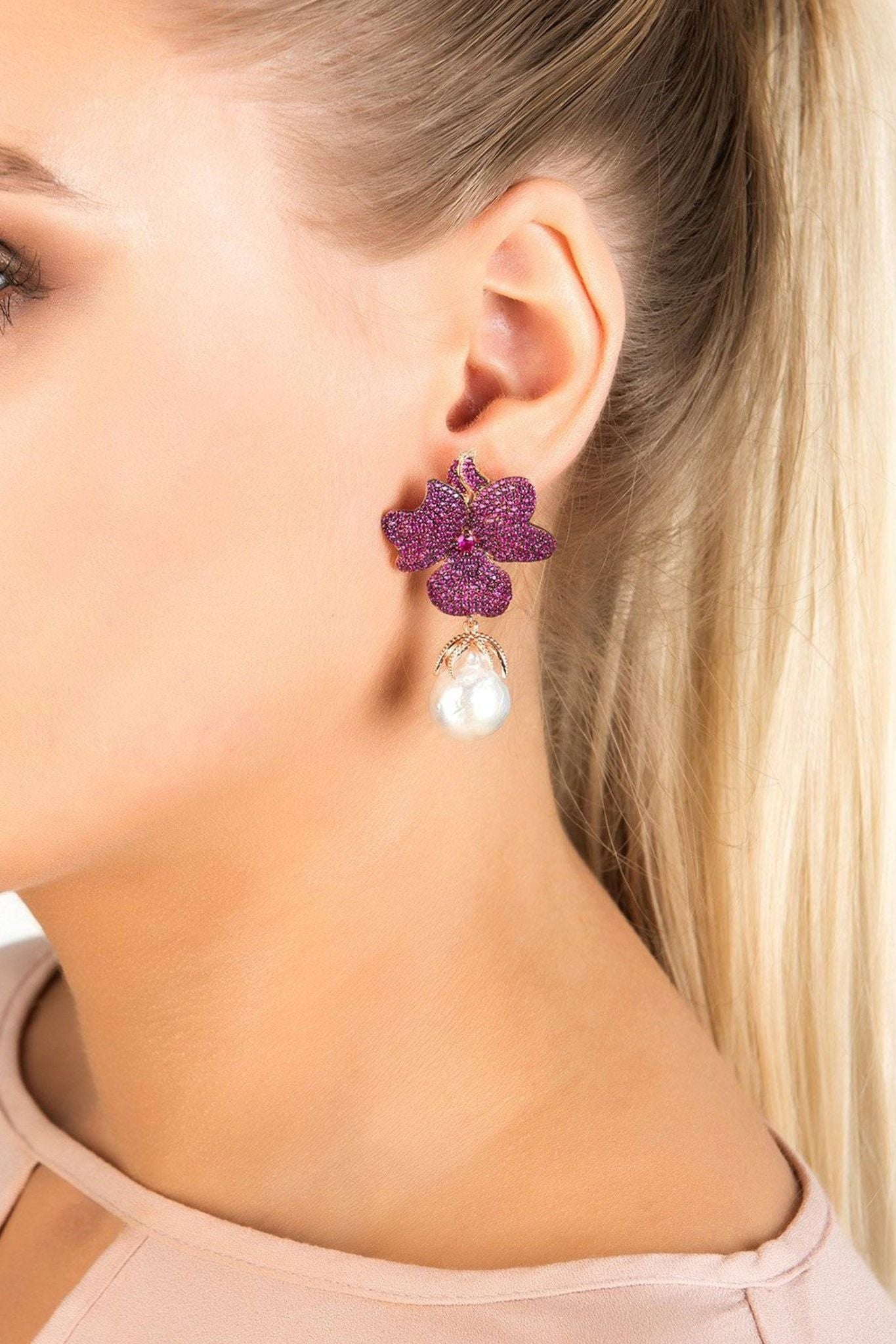 Baroque Pearl Ruby Red Flower Earrings Rose Gold - LATELITA Earrings