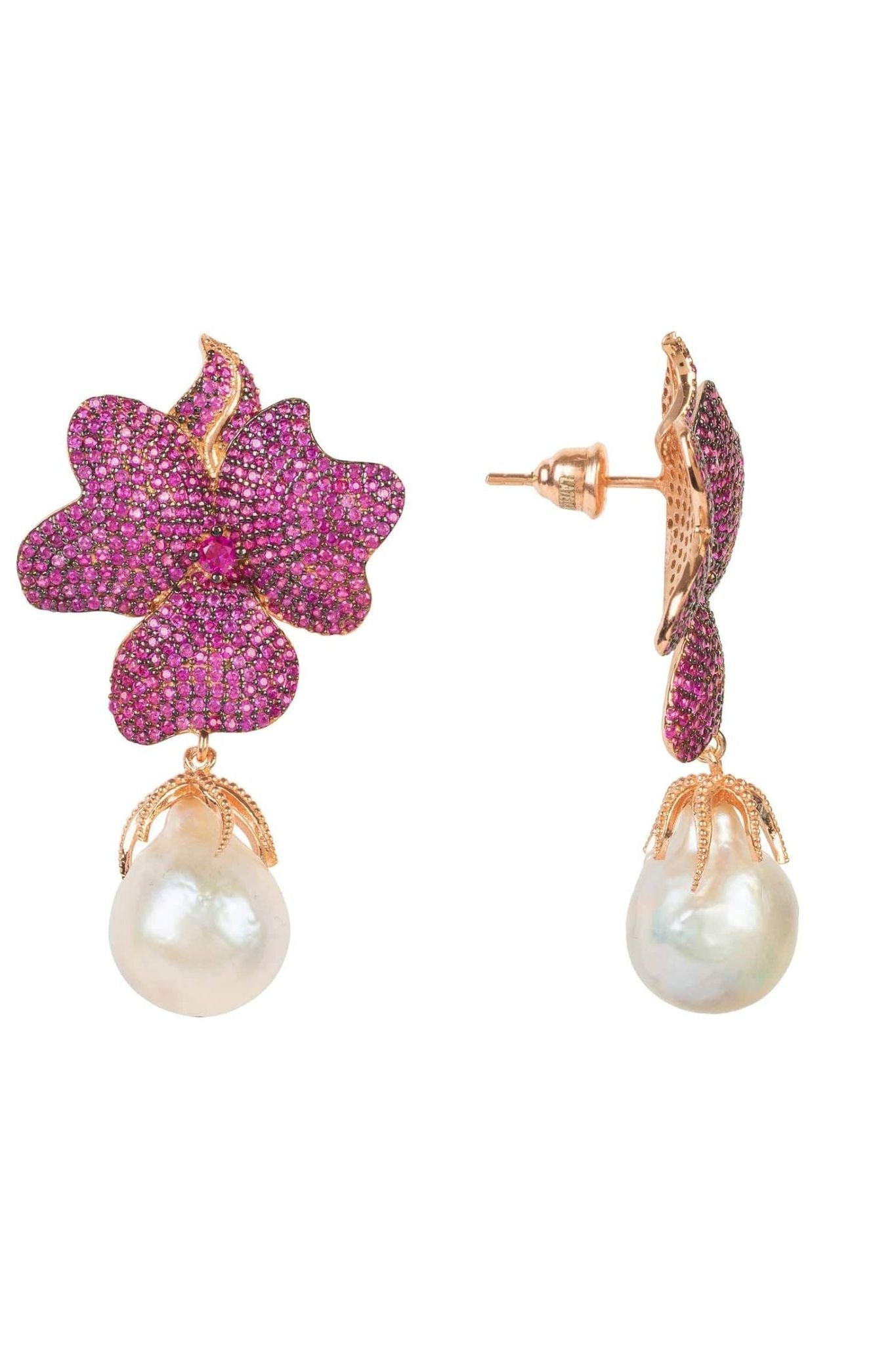 Baroque Pearl Ruby Red Flower Earrings Rose Gold - LATELITA Earrings