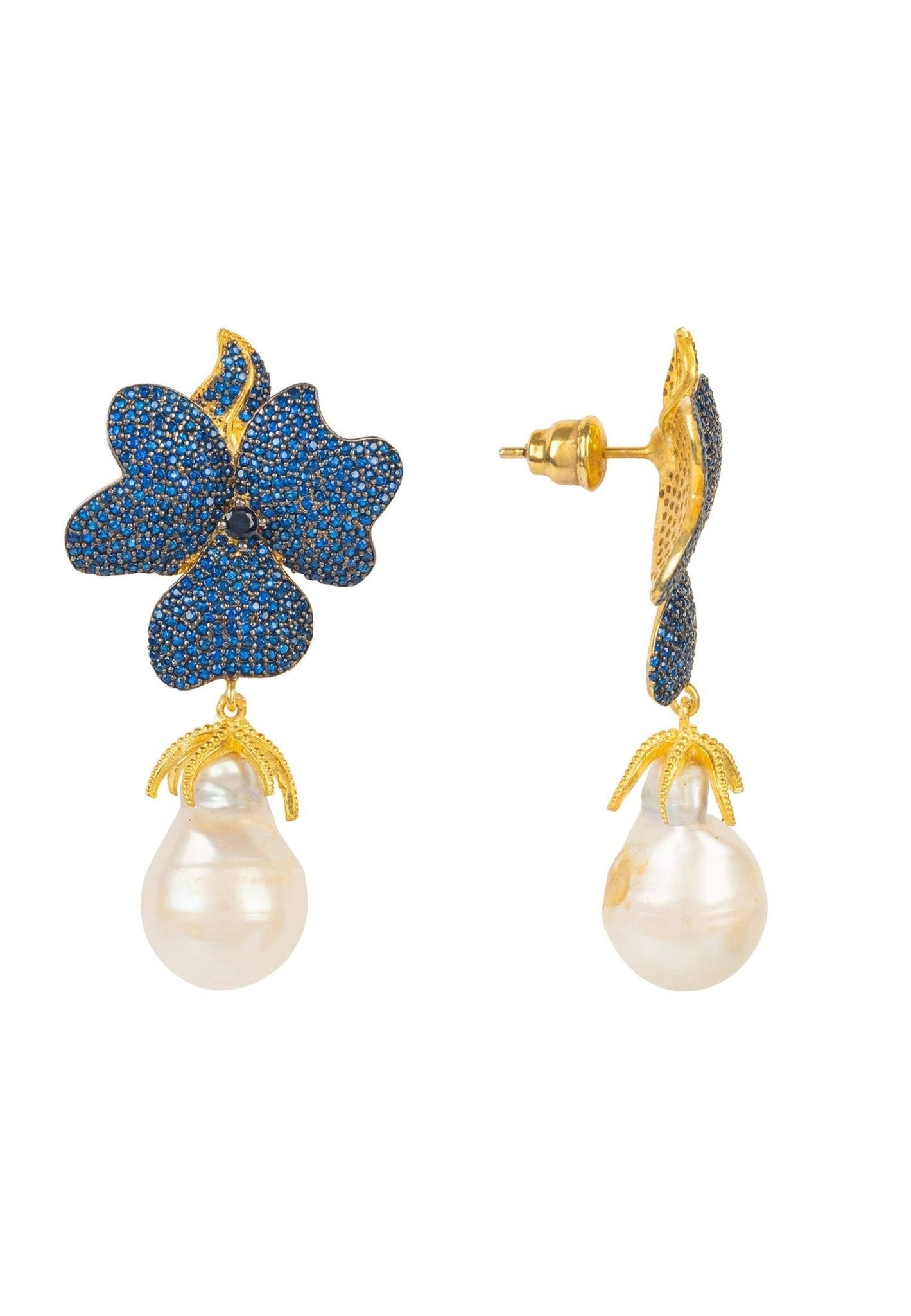 Baroque Pearl Sapphire Blue Flower Earrings Gold - LATELITA Earrings